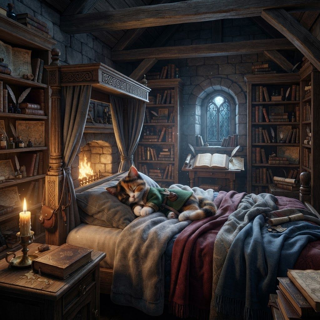 AI Design for ? Archive Loft — Revised Prompt
> A cozy medieval fantasy bedroom hidden inside the upper loft of an ancient woodland archive in Elderwood. The room has a gray, deep red, and muted blue color palette, with aged gray stone and weathered wooden beams. A large, tall four-poster bed dominates the room, covered in soft gray, deep red, and blue blankets. A calico cat librarian is peacefully sleeping in the bed, comfortably curled beneath the blankets.
A warm fireplace burns beside the bed, casting beautiful golden light across the cool gray walls and creating a cozy contrast with the red and blue furnishings. Huge bookshelves surround the room, filled with old books, scrolls, maps, manuscripts, ink bottles and quill pens. A wooden writing desk sits nearby with an open book and several carefully rolled maps.
A small arched window overlooks the dark Elderwood forest, with faint moonlight filtering through the trees. Candles, old brass fixtures, subtle dust particles, and tiny details of a working librarian's life make the room feel genuinely lived-in.
Realistic woodland fantasy aesthetic, cinematic dark-fantasy atmosphere, warm fireplace lighting, cool gray shadows, rich muted red and blue accents, detailed natural materials, nostalgic forgotten-childhood-fantasy feeling, beautiful and peaceful, slightly mysterious, believable medieval architecture, no modern objects. Essentially make you feel like candle it fireplace warm library that has a lot of books spiral bookshelves stairs reaching for big books and then you would have a calico cat wearing this up librarian outfit librarian outfit that would be very beautiful yet like he like the red librarian would wear this off and he's like a bibeetle cat for a fantasy series