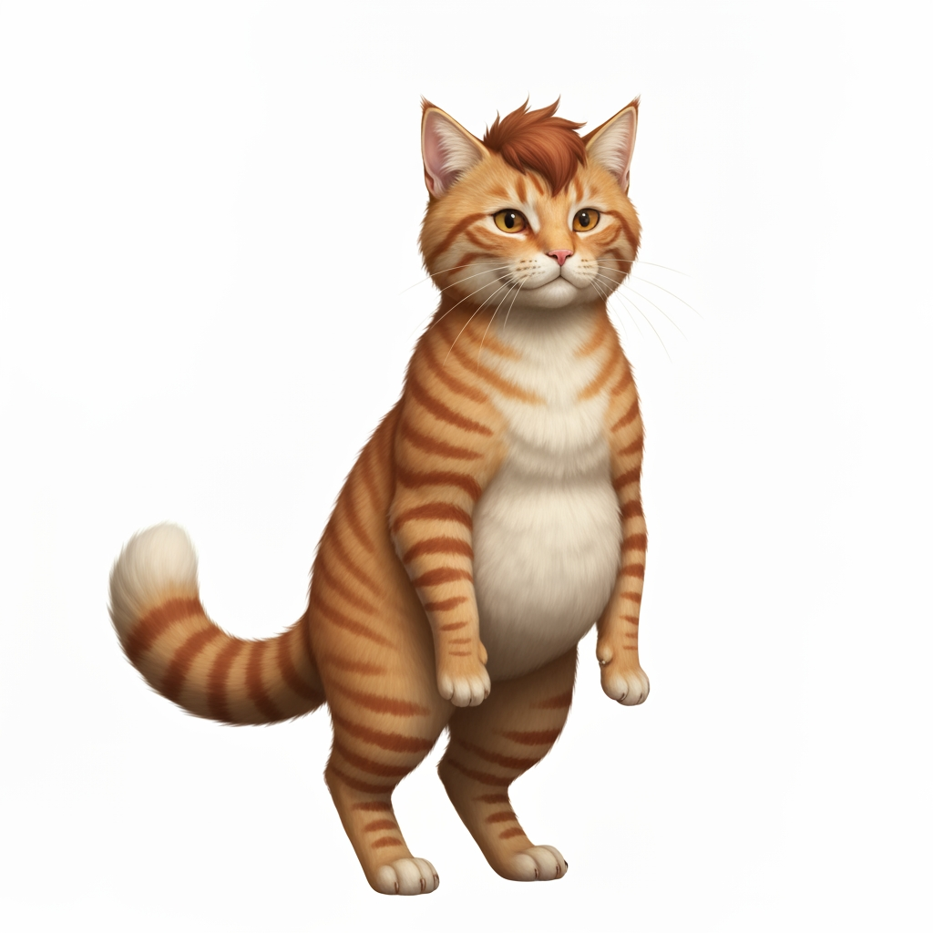 AI Design for 🐈 PROMPT 1 — EMBERMANE TABBY
Create a character-design reference template showing a simple, unclothed orange tabby cat standing upright in a neutral pose, facing slightly toward the viewer. The character should have natural realistic feline anatomy, four paws, a fluffy tail, pointed ears, a rounded cat face, and realistic detailed orange fur. Give the cat distinctive reddish-brown tabby stripes, including the recognizable two stripes on each cheek, darker striped legs and tail, a warm cream-colored muzzle, chest and rounded belly, and slightly darker reddish-brown fluffy head fur resembling Jasper Embermane's signature hair. No clothing, weapons, accessories, or props. The character should look like a clean, iconic base template for a medieval woodland fantasy character creator. Cinematic realistic storybook fantasy photography, natural forest lighting, detailed fur, earthy colors, believable