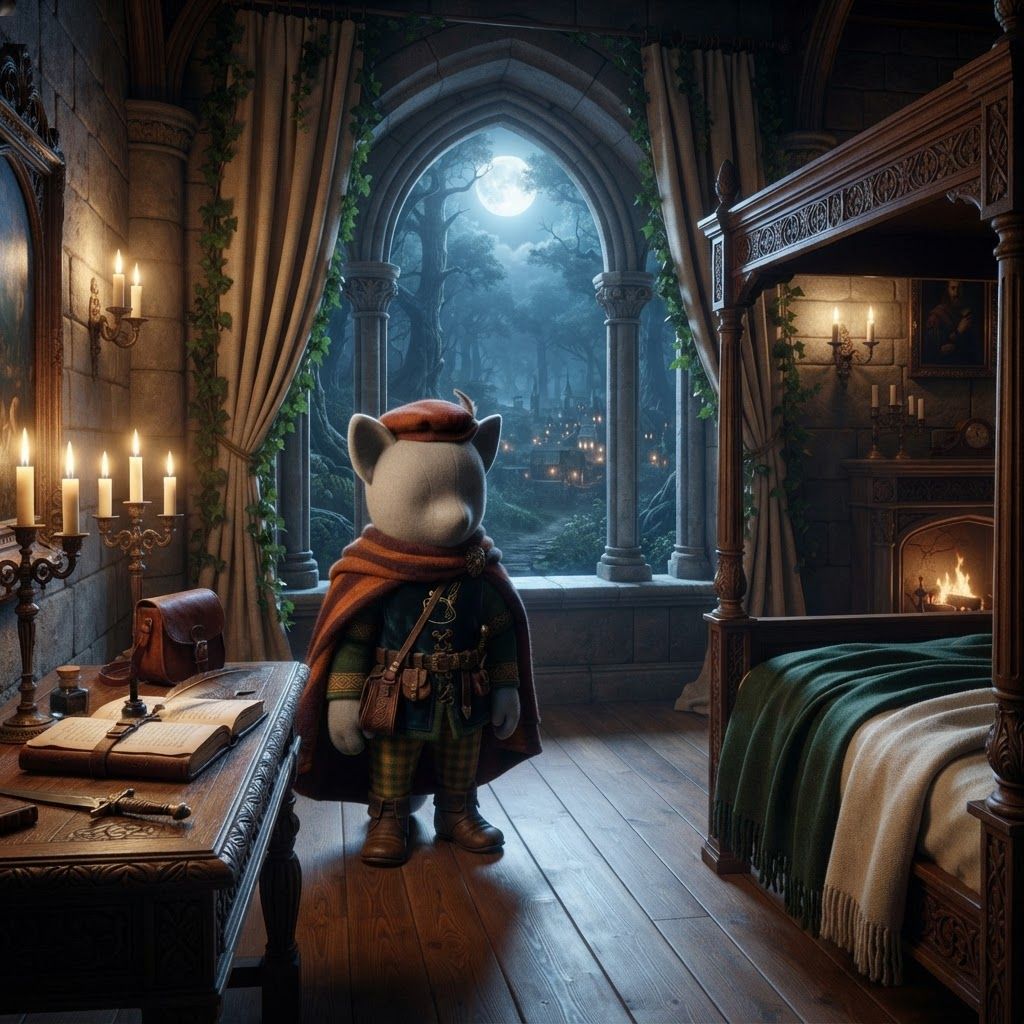 AI Design for An elegant medieval fantasy guest bedroom inside the ancient castle overlooking Elderwood. Tall stone walls, beautiful carved wooden furniture, a large four-poster bed with deep green and cream blankets, ornate wooden details, a small fireplace, candles, embroidered curtains, a polished wooden desk, and a large arched window overlooking the enormous forest and distant Elderwood Village. Subtle ivy grows around the stone window frame. The room feels luxurious but still warm and believable, combining royal architecture with natural woodland craftsmanship. Moonlight enters through the window while candles provide soft golden illumination. Majestic, peaceful, mysterious and nostalgic, cinematic realistic dark-fantasy storybook aesthetic, rich natural textures, atmospheric depth