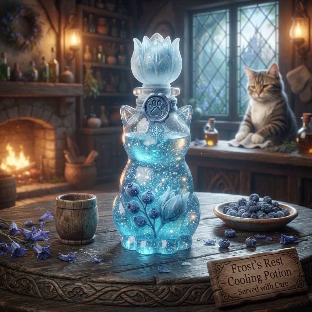 AI Design for Design a cooling potion for a cat fantasy kind of series that is like blue white glittery and include some cool berries along some like Icy flower pod and give it this like special feel like it's in a tavern like served to you nostalgicmake a colorful but don't over complicate the design