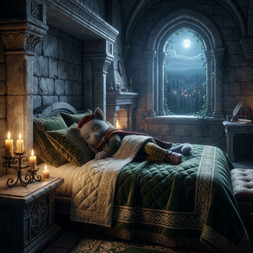 AI Design for An elegant medieval fantasy guest bedroom inside the ancient castle overlooking Elderwood. Tall stone walls, beautiful carved wooden furniture, a large four-poster bed with deep green and cream blankets, ornate wooden details, a small fireplace, candles, embroidered curtains, a polished wooden desk, and a large arched window overlooking the enormous forest and distant Elderwood Village. Subtle ivy grows around the stone window frame. The room feels luxurious but still warm and believable, combining royal architecture with natural woodland craftsmanship. Moonlight enters through the window while candles provide soft golden illumination. Majestic, peaceful, mysterious and nostalgic, cinematic realistic dark-fantasy storybook aesthetic, rich natural textures, atmospheric depth make the great cat wear this merchant outfit and make him tucked in bed sleeping and he's more of a bipedal structure whilst sleeping like a human culture fantasy magic o of course make it like more wooden structures instead of wooden structures you would have like stone because we need stone we don't need wood anymore like we want like a stone Castle bedroom that's Royal and stuff