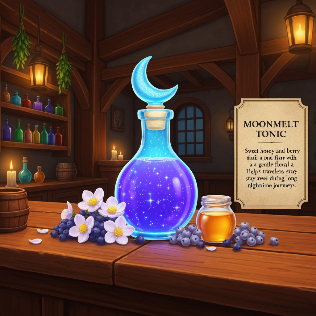 AI Design for 🍹 1. Moonmelt Tonic
Prompt:
A beautifully presented fantasy potion called Moonmelt Tonic displayed prominently on a wooden tavern counter inside the cozy Bushwhack Tavern in Elderwood. The drink is a vivid luminous blue-purple color with tiny silver sparkling particles floating through it, served in a charming glass bottle with a crescent-moon-shaped stopper. Around the bottle are Moonmelt Blossoms, Silverdew Berries and a small jar of golden honey. Warm tavern lanterns, wooden beams, shelves of colorful bottles, hanging herbs and soft candlelight in the background. The drink is perfectly centered and completely visible, colorful and visually striking. Include an elegant fantasy information placard beside it reading: MOONMELT TONIC — Sweet honey and berry flavor with a gentle floral finish. Helps travelers stay awake during long nighttime journeys. Cinematic realistic woodland fantasy, vibrant colors, handcrafted medieval aesthetic, beautiful atmospheric lighting. Make look realistic REALYSTIC IMAGE