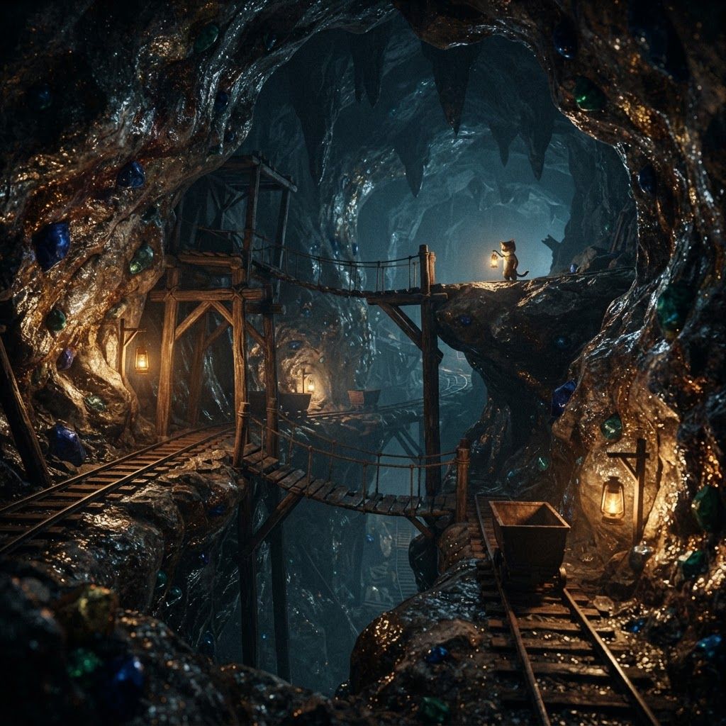 AI Design for ⛏️ 7. Elderwood Mines
Photorealistic cinematic dark-fantasy underground mine beneath Elderwood. A vast natural cave has been transformed into an old medieval mining operation, with wooden support beams, rope bridges, mine carts, lanterns and narrow tracks disappearing into darkness. The walls contain visible veins of iron, silver and occasional gold, with a few unusual gemstones naturally embedded in the rock. Warm lanterns illuminate the immediate tunnels while enormous sections of the cave disappear into cool darkness. Moisture glistens on the stone surfaces. A distant cat miner carrying a lantern can provide a sense of scale. Realistic rock, metal, wood, dust and lighting, atmospheric cinematic depth, grounded live-action dark-fantasy aesthetic, subtle film grain, mysterious and adventurous, no cartoon appearance.