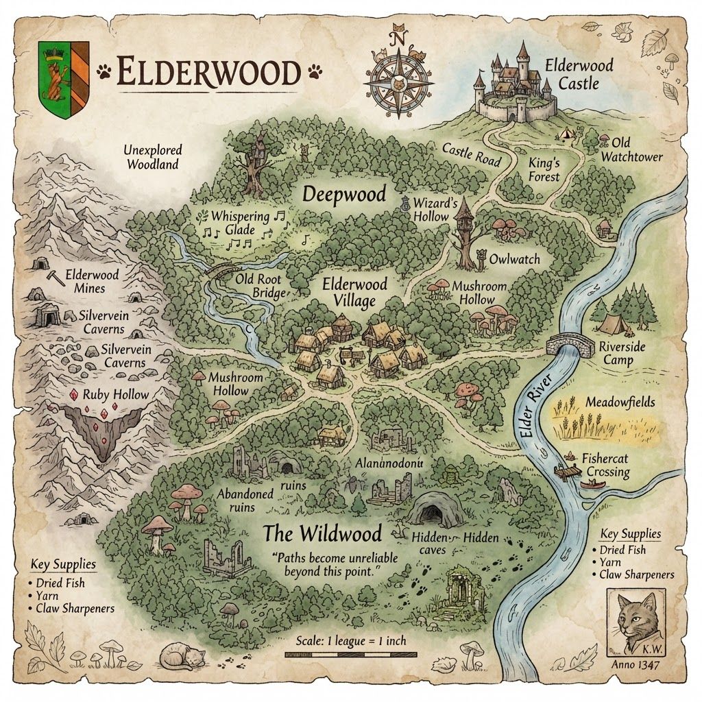 AI Design for The map of Elderwood should feel like an actual old adventurer's map that exists inside your world—not a clean modern game map. I’d picture it as something a cartographer carefully drew by hand over years of exploration.
🗺️ Overall appearance
Old, slightly yellowed parchment, with uneven edges and subtle stains.
Hand-drawn ink illustrations rather than perfectly precise lines.
A mixture of dark brown, muted green, blue, and faded red ink.
Small handwritten notes and symbols scattered around the map.
A decorative compass rose in one corner.
A few little drawings of trees, mountains, castles and creatures around important landmarks.
The map should be detailed enough that you could imagine actually navigating with it.
🌲 The center — Elderwood Village
At the heart of the map is Elderwood Village, surrounded by a huge cluster of illustrated trees.
The village could be represented by:
> 🏘️ Elderwood Village
with tiny drawings of cottages, a tavern and winding paths.
Several paths branch outward from the village.
🌳 The Deepwood
The largest area surrounding Elderwood should be Deepwood.
Instead of drawing every tree individually, use dense clusters of little hand-drawn tree symbols.
Inside Deepwood you could mark:
🌿 Whispering Glade
🌉 Old Root Bridge
💧 Moonstream
🧙 Wizard's Hollow
🦉 Owlwatch
🍄 Mushroom Hollow
Some areas should simply fade into:
> “Unexplored Woodland”
which makes the world feel bigger.
🏰 Northern area — Elderwood Castle
Farther north, beyond the forest, place the Elderwood Castle on a hill.
Draw a tiny but recognizable castle with several towers and a winding road leading toward it.
Around it:
> Castle Road
King's Forest
Old Watchtower
⛏️ Western area — Mines
To the west, the forest becomes rocky and mountainous.
Mark:
> ⛏️ Elderwood Mines
🪨 Silvervein Caverns
💎 Ruby Hollow
Draw little mountain symbols and mine entrances.
🌊 Eastern area — Riverlands
A large winding river could run through the eastern side of the map.
Call it something like:
> Elder River
Then add:
🌉 Old Stone Bridge
🏕️ Riverside Camp
🌾 Meadowfields
🛶 Fishercat Crossing
Eventually the river could disappear off the edge of the map, suggesting that Elderwood is only one part of a much larger world.
🍄 Southern area — Wildwood
The southern forest could become less civilized and much denser.
> The Wildwood
Add strange little symbols for:
Giant mushrooms
Abandoned ruins
Hidden caves
Strange animal tracks
A forgotten shrine
And perhaps a handwritten warning:
> “Paths become unreliable beyond this point.”
🧭 Map details
I'd also add little cartographer touches:
Top: decorative compass rose
Bottom: hand-drawn scale
Corners: tiny sketches of leaves, mushrooms and animals
Edges: handwritten notes about locations
Some areas: deliberately unfinished or faded
And importantly, don't make the entire map perfectly filled in. Leave some blank parchment around the edges.
That gives you the feeling that Elderwood is a real place waiting to be explored, rather than a world where everything has already been discovered. This is the crest of elderwood and just upload it into the corner and right elder when it like big bowl letters it's like a cat Kingdom all right like cats that's the whole point