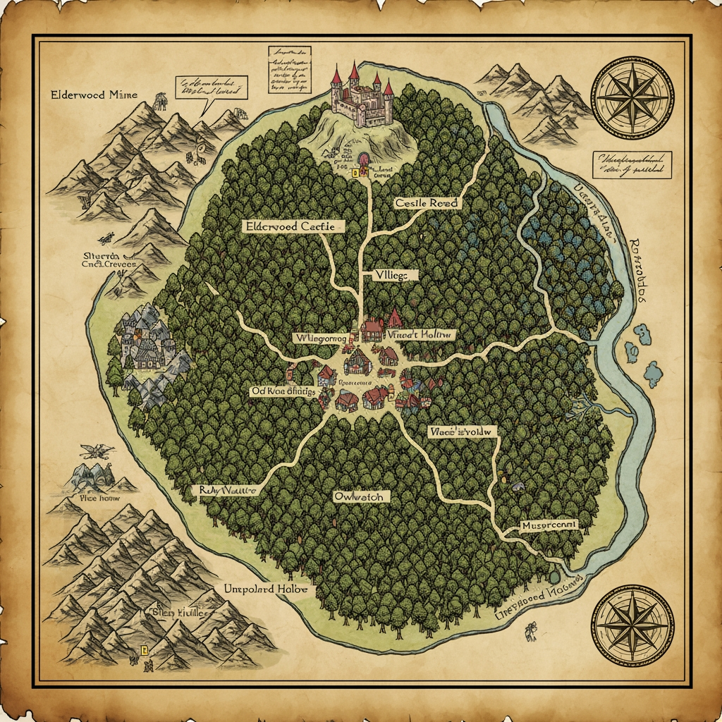 AI Design for The map of Elderwood should feel like an actual old adventurer's map that exists inside your world—not a clean modern game map. I’d picture it as something a cartographer carefully drew by hand over years of exploration.
🗺️ Overall appearance
Old, slightly yellowed parchment, with uneven edges and subtle stains.
Hand-drawn ink illustrations rather than perfectly precise lines.
A mixture of dark brown, muted green, blue, and faded red ink.
Small handwritten notes and symbols scattered around the map.
A decorative compass rose in one corner.
A few little drawings of trees, mountains, castles and creatures around important landmarks.
The map should be detailed enough that you could imagine actually navigating with it.
🌲 The center — Elderwood Village
At the heart of the map is Elderwood Village, surrounded by a huge cluster of illustrated trees.
The village could be represented by:
> 🏘️ Elderwood Village
with tiny drawings of cottages, a tavern and winding paths.
Several paths branch outward from the village.
🌳 The Deepwood
The largest area surrounding Elderwood should be Deepwood.
Instead of drawing every tree individually, use dense clusters of little hand-drawn tree symbols.
Inside Deepwood you could mark:
🌿 Whispering Glade
🌉 Old Root Bridge
💧 Moonstream
🧙 Wizard's Hollow
🦉 Owlwatch
🍄 Mushroom Hollow
Some areas should simply fade into:
> “Unexplored Woodland”
which makes the world feel bigger.
🏰 Northern area — Elderwood Castle
Farther north, beyond the forest, place the Elderwood Castle on a hill.
Draw a tiny but recognizable castle with several towers and a winding road leading toward it.
Around it:
> Castle Road
King's Forest
Old Watchtower
⛏️ Western area — Mines
To the west, the forest becomes rocky and mountainous.
Mark:
> ⛏️ Elderwood Mines
🪨 Silvervein Caverns
💎 Ruby Hollow
Draw little mountain symbols and mine entrances.
🌊 Eastern area — Riverlands
A large winding river could run through the eastern side of the map.
Call it something like:
> Elder River
Then add:
🌉 Old Stone Bridge
🏕️ Riverside Camp
🌾 Meadowfields
🛶 Fishercat Crossing
Eventually the river could disappear off the edge of the map, suggesting that Elderwood is only one part of a much larger world.
🍄 Southern area — Wildwood
The southern forest could become less civilized and much denser.
> The Wildwood
Add strange little symbols for:
Giant mushrooms
Abandoned ruins
Hidden caves
Strange animal tracks
A forgotten shrine
And perhaps a handwritten warning:
> “Paths become unreliable beyond this point.”
🧭 Map details
I'd also add little cartographer touches:
Top: decorative compass rose
Bottom: hand-drawn scale
Corners: tiny sketches of leaves, mushrooms and animals
Edges: handwritten notes about locations
Some areas: deliberately unfinished or faded
And importantly, don't make the entire map perfectly filled in. Leave some blank parchment around the edges.
That gives you the feeling that Elderwood is a real place waiting to be explored, rather than a world where everything has already been discovered.