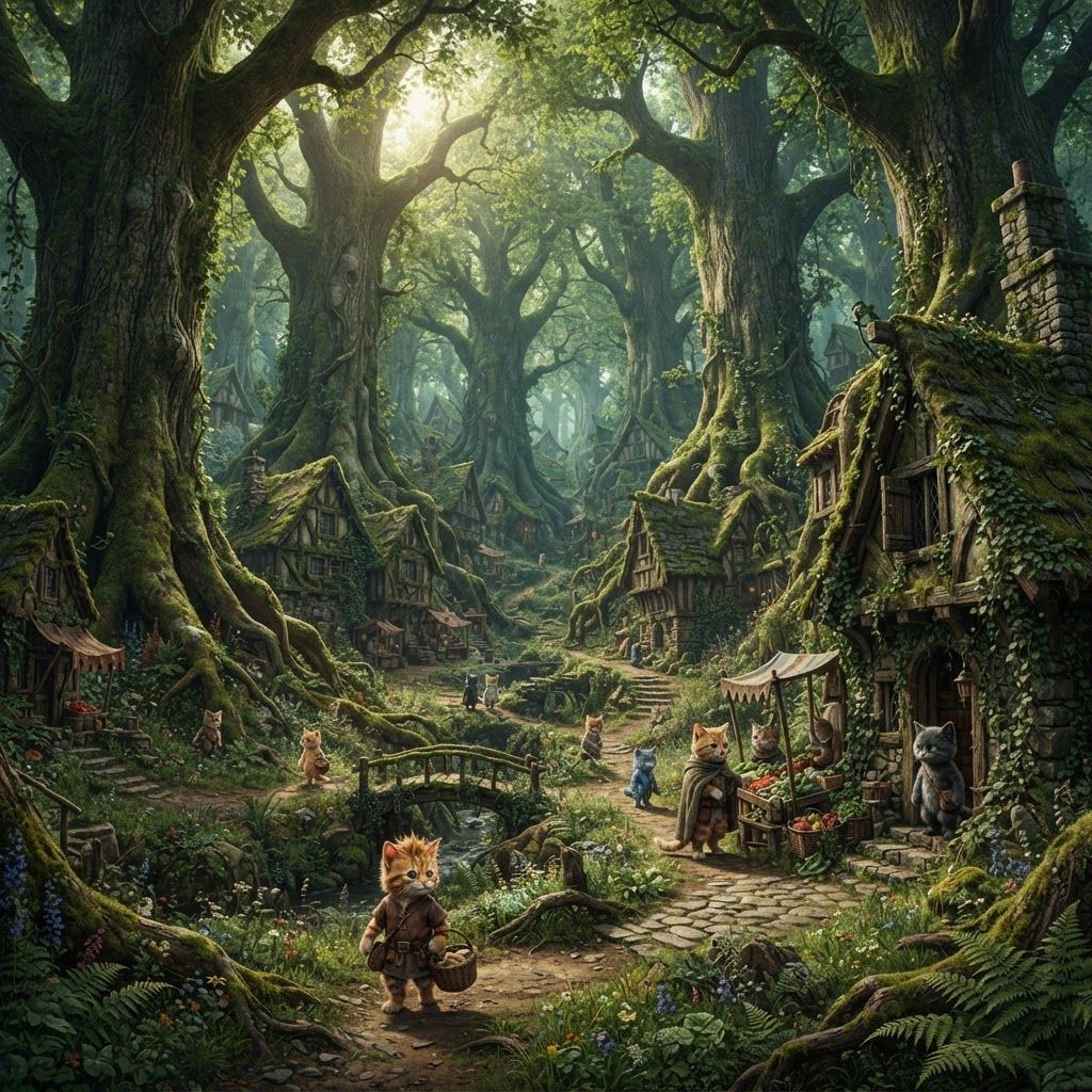 AI Design for 🌿 Elderwood Village — Daytime
> Photorealistic cinematic dark-fantasy establishing shot of Elderwood Village during a bright, peaceful daytime. A charming medieval woodland village sits deep within a vast ancient forest. The settlement is surrounded by many enormous trees, with thick textured trunks, sprawling roots, moss-covered bark and huge branches forming a lush canopy overhead.
The village itself is nestled naturally among the trees rather than clearing the forest. Rustic wooden cottages with stone foundations, crooked beams, wooden balconies and mossy roofs sit between the trunks. Winding dirt and cobblestone paths connect the buildings, with wooden fences, little bridges, market stalls, baskets, benches and flower boxes scattered naturally throughout the village.
The village is extremely lush and overgrown: dense bushes surround the houses and paths, with ferns, tall grass, wildflowers, vines, moss, small mushrooms and fallen leaves covering the forest floor. Tree roots emerge through the paths and wrap naturally around stones and buildings. The vegetation should feel like a real ancient forest that the village was built into, not a neatly landscaped garden.
Throughout the village are small bipedal cats. They are short, compact, realistic-looking anthropomorphic cats with believable feline anatomy, detailed fur, whiskers, paws and expressive faces. They walk upright on two legs and naturally go about their daily lives: carrying baskets, walking along paths, talking to one another, tending plants, working at stalls and entering their cottages. They wear simple medieval fantasy clothing such as little tunics, cloaks, aprons, belts and small satchels. They should remain relatively small compared with the enormous trees surrounding them.
Bright natural daylight shines through gaps in the canopy, producing realistic patches of sunlight across the village. Warm sunlight illuminates the green foliage while the deeper areas beneath the trees remain naturally cool and shaded. Leaves gently catch the sunlight, creating a rich layered forest atmosphere.
Photorealistic live-action dark-fantasy cinematography, realistic small bipedal cats, highly detailed natural fur, realistic trees, bark, leaves, bushes, moss, stone and wood, physically believable daylight and shadows, natural imperfections, cinematic depth of field, subtle film grain, atmospheric perspective, beautiful nostalgic fantasy-film feeling.
No cartoon, no illustration, no anime, no 3D animation, no giant cats, no oversized humanoid proportions, no futuristic architecture, no overly saturated colors.