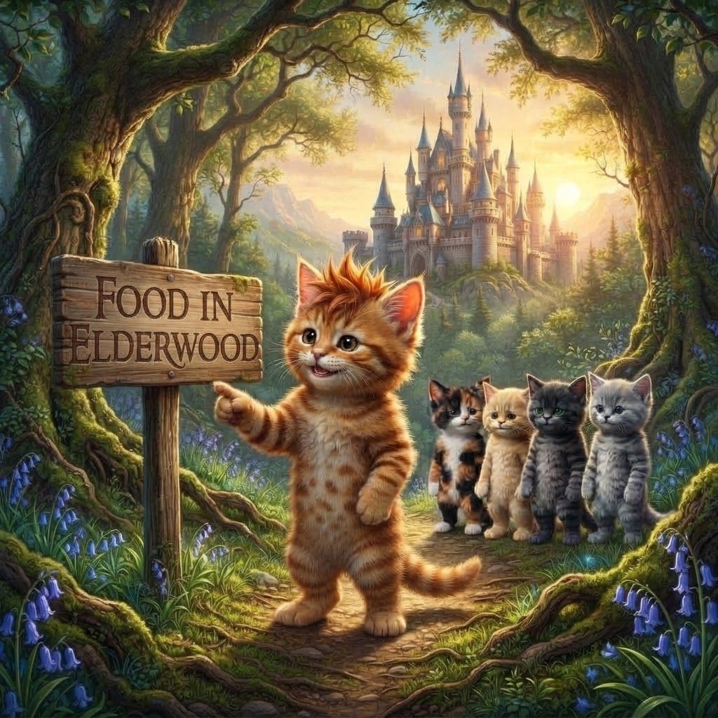 AI Design for Replace the letters on the sign with food in elderwood like I want that in text I don't want an image of food