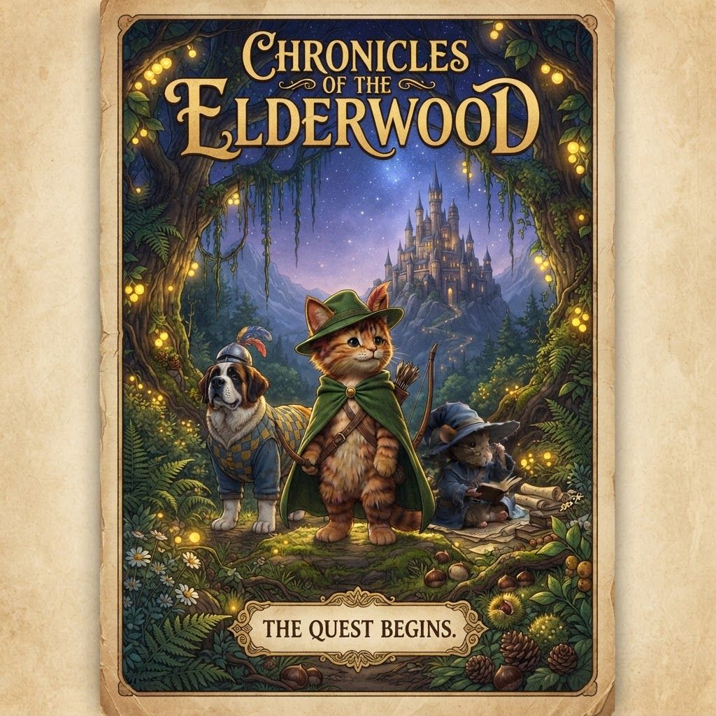 AI Design for Take these three characters well like best friends and pose them in this sort of old fantasy series kind of image where they're in this like Forest named elderwood and it's essentially like this really beautiful Forest with like a warm yellow light but it's kind of midnight yet it's kind of not and you can't really tell but the forest has this particular glow by glow berries that are yellow we have chestnuts pine cones elder wood it's a really old Forest with bushes and beautiful vines hanging everywhere essentially like a really classical forest and then you would have a giant Castle I'm essentially the image layout would be the main character this cat character posing looking at the castle into the wilderness of the of the outside world because he was in the forest and then the other two characters kind of posing and they're all looking and it's like a poster