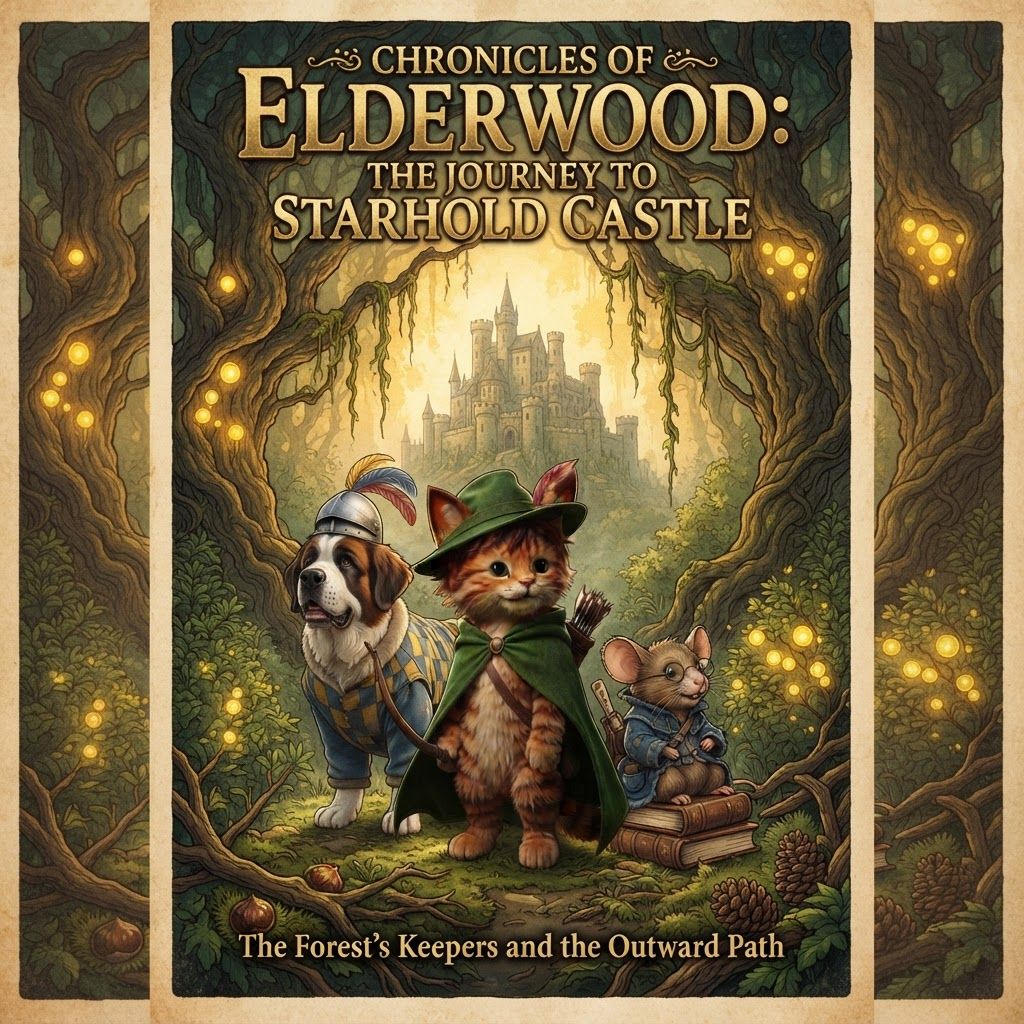 AI Design for Take these three characters well like best friends and pose them in this sort of old fantasy series kind of image where they're in this like Forest named elderwood and it's essentially like this really beautiful Forest with like a warm yellow light but it's kind of midnight yet it's kind of not and you can't really tell but the forest has this particular glow by glow berries that are yellow we have chestnuts pine cones elder wood it's a really old Forest with bushes and beautiful vines hanging everywhere essentially like a really classical forest and then you would have a giant Castle I'm essentially the image layout would be the main character this cat character posing looking at the castle into the wilderness of the of the outside world because he was in the forest and then the other two characters kind of posing and they're all looking and it's like a poster