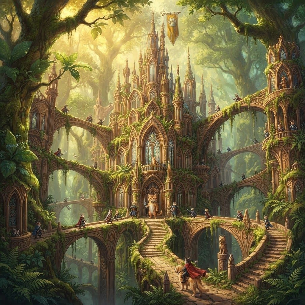 AI Design for Design a unique castle for a cat fantasy series that is beautiful unique you know beautiful Forest and it is essentially from a top-down view and there are a lot of bridges like Castle like pillars and it's very beautiful overall there's just like a really nice castle for this like fantasy series but it isn't way too dark or evil and it just like the perfect mix of good and good complex or anything and don't do a top down view more of just do a forward look onto the castle there's a lot of pillars but don't make it look like cats just make it look like cats would be there like some cat guards