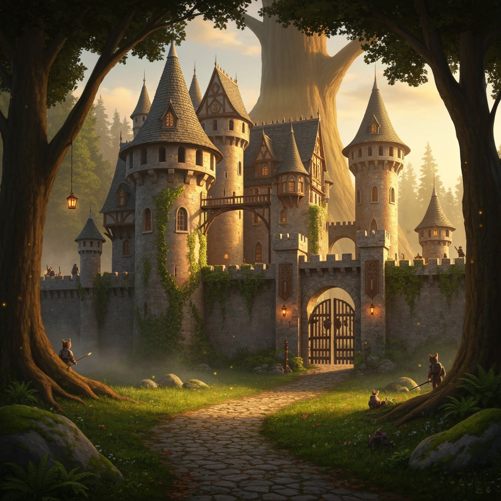 AI Design for Absolutely. Since you’re making the image yourself, I’d make the prompt emphasize the same cinematic realistic storybook look as your Jasper design, but make the castle feel like an actual landmark of Elderwood rather than a generic fantasy castle.
🏰 Elderwood Castle — Image Prompt
> A breathtaking medieval fantasy castle standing at the edge of the ancient Elderwood forest, designed in a cinematic realistic woodland storybook style. The castle should feel beautiful, mysterious, old, and completely believable, as though it has existed for centuries.
The castle is built from warm weathered gray and slightly golden stone, with tall rounded towers, elegant pointed rooftops, wooden balconies, stone bridges, narrow arched windows, carved details, ivy, moss and small plants growing naturally across the walls. Combine traditional medieval architecture with subtle woodland craftsmanship—wooden beams, carved leaves, tiny animal motifs, hanging lanterns, and beautifully crafted gates.
The castle should sit naturally among the enormous trees of Elderwood, with the ancient forest surrounding and partially framing it. Giant trees rise behind the castle, their branches forming a natural canopy around the towers. A winding stone-and-dirt road leads from the forest toward the enormous castle gates.
The scene should feel peaceful and majestic rather than dark or threatening. Warm late-afternoon sunlight filters through the trees, creating beautiful shafts of light and soft golden highlights across the castle walls. Include distant mist between the trees, subtle fireflies, moss-covered stones, wildflowers, ferns, fallen leaves and other tiny environmental details that make the forest feel alive.
Include only a few small cat guards in the distant background, standing near the castle entrance and along the walls. They should be realistic woodland cats wearing simple medieval guard clothing and carrying practical equipment. They are background details rather than the focus.
No main characters, no large groups of characters, no modern objects, no exaggerated magical effects.
Composition: wide cinematic establishing shot, castle clearly visible as the centerpiece, enormous forest surrounding it, winding path leading toward the entrance, strong sense of scale and depth.
Visual style: realistic detailed feline-and-woodland fantasy, natural realistic textures, believable stone and wood, detailed but not hyper-photorealistic, cinematic lighting, soft atmospheric depth, rich earthy greens and browns, warm golden sunlight, nostalgic storybook feeling, beautiful fantasy film concept art, subtly dreamlike and timeless.
I’d especially keep the fireflies and tiny environmental details subtle. That'll make it feel like the castle is genuinely sitting inside a living Elderwood rather than looking like a castle pasted onto a forest background.
