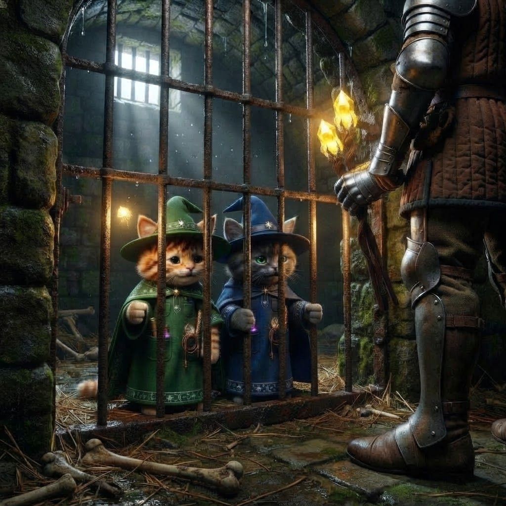 AI Design for Make these two cats friends get stuck in or like a realistic cell like medieval age fantasy stuff like a metal cage and it's all dirty and stuff and they were captured but like human nights or like very tall you know and they're now confined and stuck in the capture their like staffs so they can use them what the night is holding their staffs but the night is holding their staff's only and their staff is just don't remove any of the clothing or stuff just keep the same details hey Julie