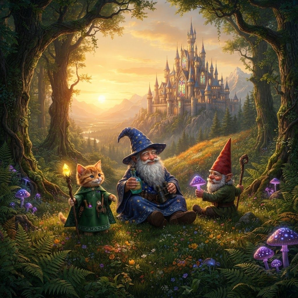 AI Design for Make these three characters sit on a hill and you're like a forest looking at like a beautiful Castle