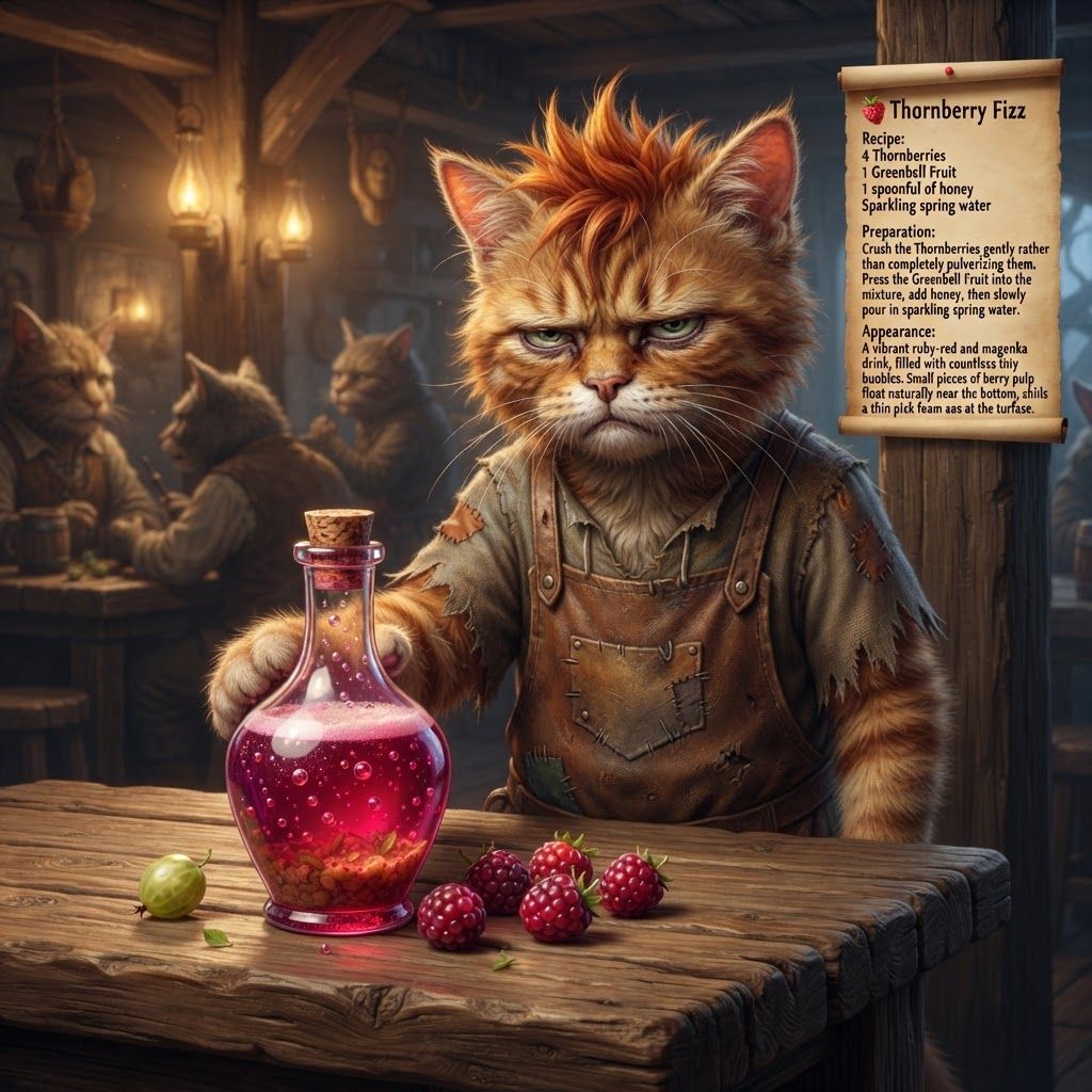 AI Design for Grumpy Cat fantasy series where there's a grumpy cat at the tavern and he's kind of looking at you after giving you the special potion. 🍓 Thornberry Fizz
Recipe
4 Thornberries
1 Greenbell Fruit
1 spoonful of honey
Sparkling spring water
Preparation: Crush the Thornberries gently rather than completely pulverizing them. Press the Greenbell Fruit into the mixture, add honey, then slowly pour in sparkling spring water.
Appearance: A vibrant ruby-red and magenta drink, filled with countless tiny bubbles. Small pieces of berry pulp float naturally near the bottom, while a thin pink foam forms at the surface. But not the z grumpy Cat more of like a cat that's kind of tired and angry