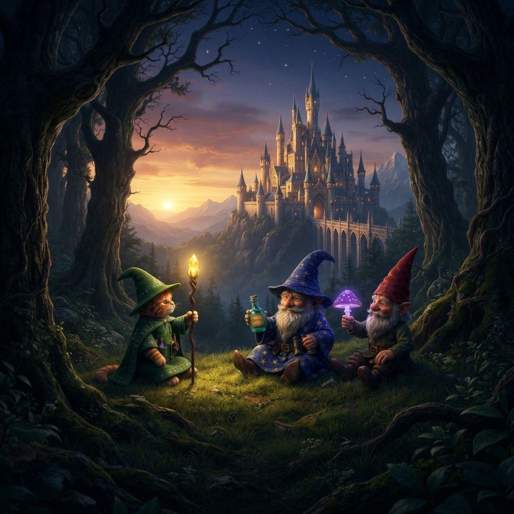 AI Design for Make these three characters sit on a hill and you're like a forest looking at like a beautiful Castle