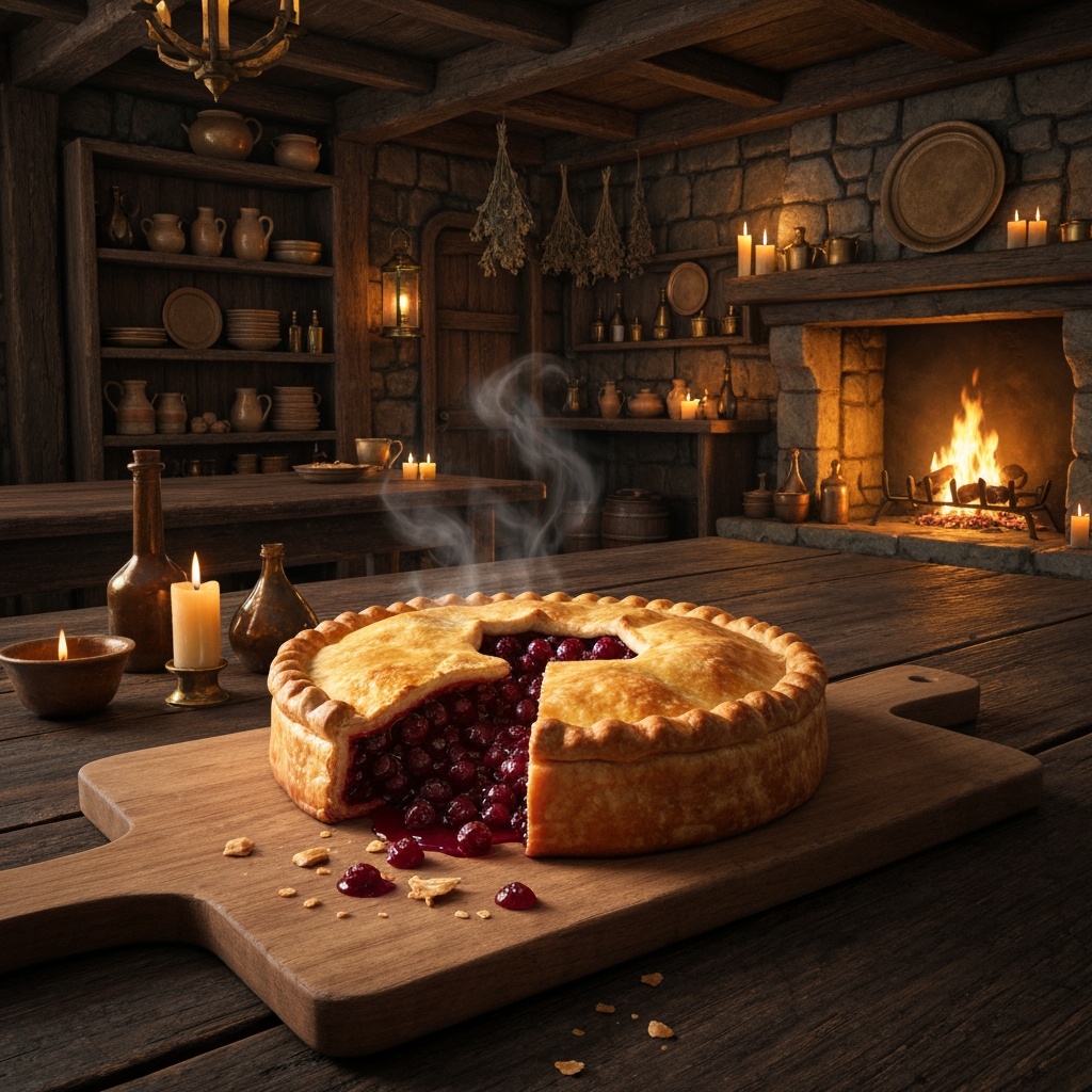 AI Design for 🥧 Example — Thornberry Pie
A rustic Thornberry Pie sits on a heavy wooden serving board. It has a beautifully baked golden-brown flaky crust with slightly uneven handmade edges. Several dark ruby-red Thornberries are visible through a small opening in the crust, with glossy berry filling bubbling gently underneath. A little steam rises from the freshly baked pie. A few crumbs and tiny drops of berry filling sit naturally on the wooden board.
The pie should look extremely appetizing and freshly baked, with realistic pastry layers, glossy fruit filling and warm golden highlights from the fireplace.🍽️ Master Elderwood Tavern Style
Put this at the very beginning of every prompt:
Photorealistic cinematic dark-fantasy food photography inside a cozy medieval woodland tavern in Elderwood. This is a real, physically believable tavern, not an illustration. The interior has aged dark wooden tables, rough stone walls, exposed wooden beams, shelves filled with ceramic dishes and bottles, hanging dried herbs, candles, brass lanterns, and a large stone fireplace. Warm amber firelight and candlelight illuminate the room, creating soft realistic shadows and highlights, while the corners of the tavern remain naturally darker and atmospheric. The scene feels warm, rustic, lived-in and slightly mysterious, like a still frame from a high-budget live-action dark-fantasy film. Realistic materials, realistic food textures, natural imperfections, subtle cinematic film grain, shallow depth of field.
Then add:
The food is the clear centerpiece of the image. It must look genuinely delicious, freshly prepared, warm, edible and appetizing, with realistic textures, steam, moisture, crumbs, sauces and natural imperfections. It should look like real medieval cuisine with fantastical ingredients—not cartoon food, not toy-like food, not plastic, not an illustration. How to catch chef that just finished making your meal and he's looking at you to see if you like it