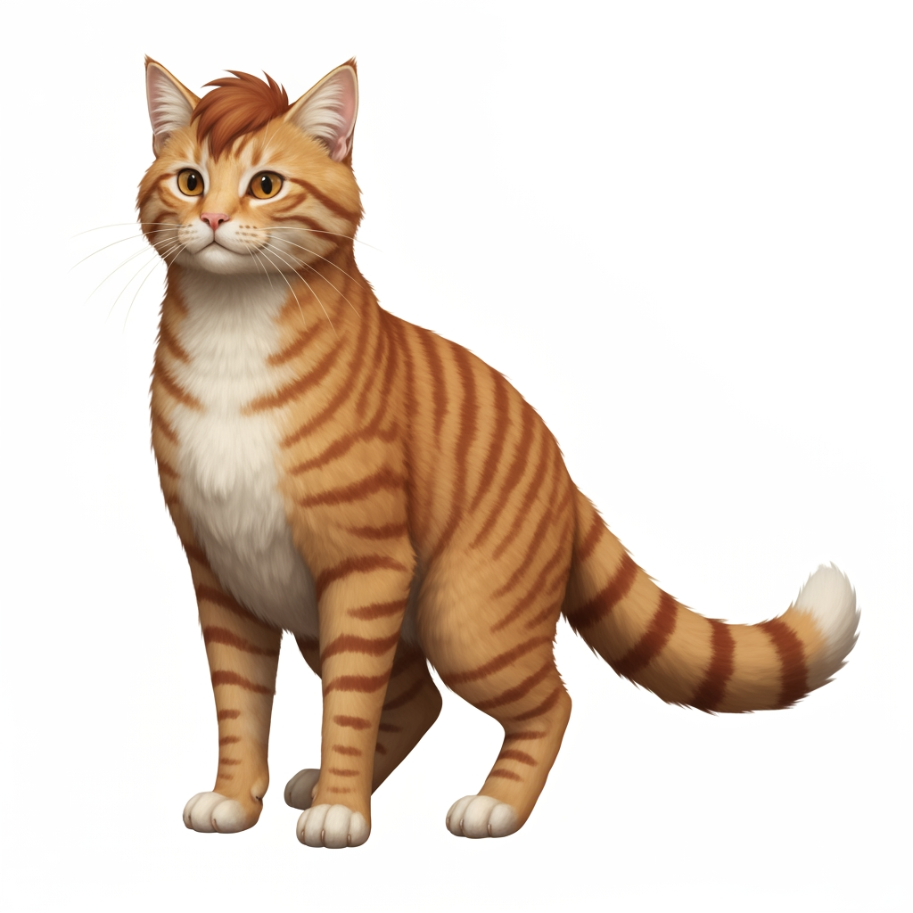 AI Design for 🐈 PROMPT 1 — EMBERMANE TABBY
Create a character-design reference template showing a simple, unclothed orange tabby cat standing upright in a neutral pose, facing slightly toward the viewer. The character should have natural realistic feline anatomy, four paws, a fluffy tail, pointed ears, a rounded cat face, and realistic detailed orange fur. Give the cat distinctive reddish-brown tabby stripes, including the recognizable two stripes on each cheek, darker striped legs and tail, a warm cream-colored muzzle, chest and rounded belly, and slightly darker reddish-brown fluffy head fur resembling Jasper Embermane's signature hair. No clothing, weapons, accessories, or props. The character should look like a clean, iconic base template for a medieval woodland fantasy character creator. Cinematic realistic storybook fantasy photography, natural forest lighting, detailed fur, earthy colors, believable