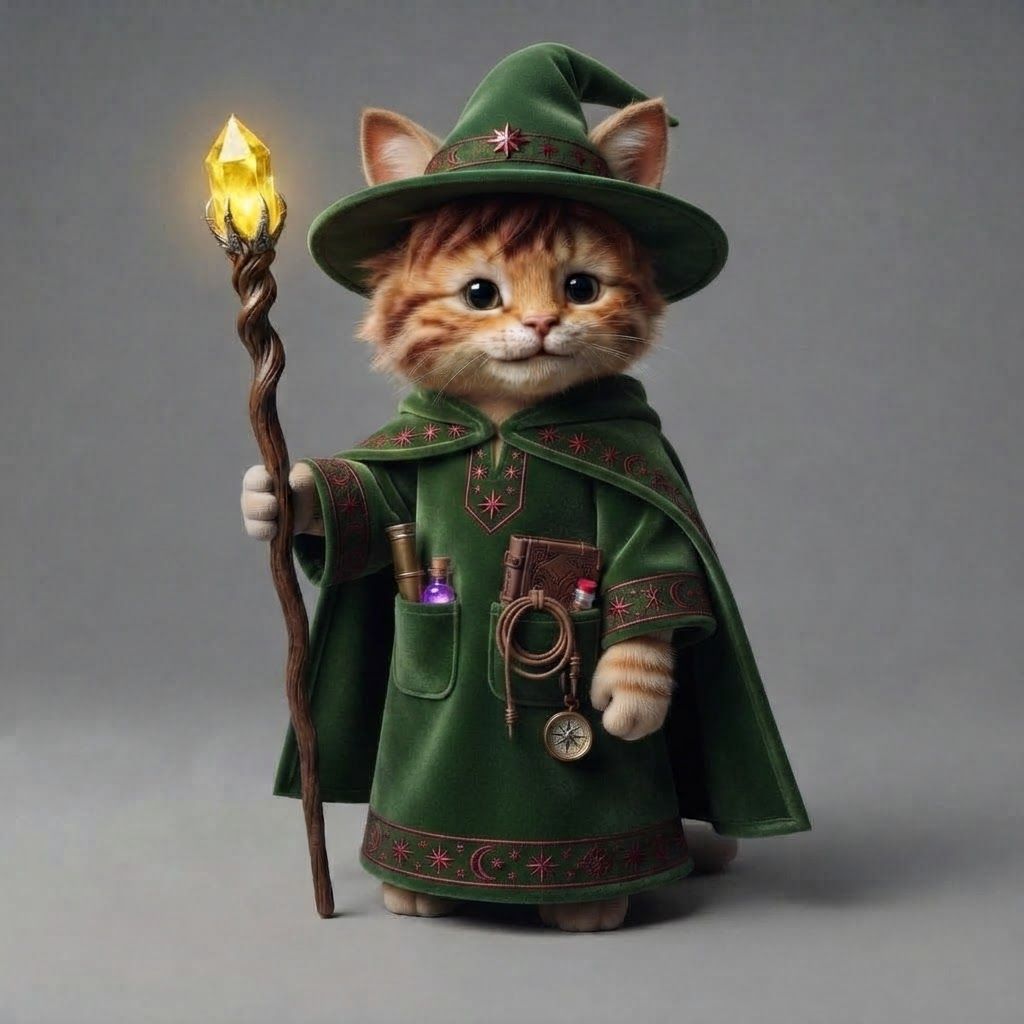 AI Design for Take this cat all of its main features details hair for stripes tips on its cat ears the colors the style everything and put on this blue wizard robe except I wanted to be short sleeved including the Cape at all the things in his pockets just make it really fantasy but make it like green with red accents in a pattern and that's it but don't over complicate the outfit make it simple and iconic