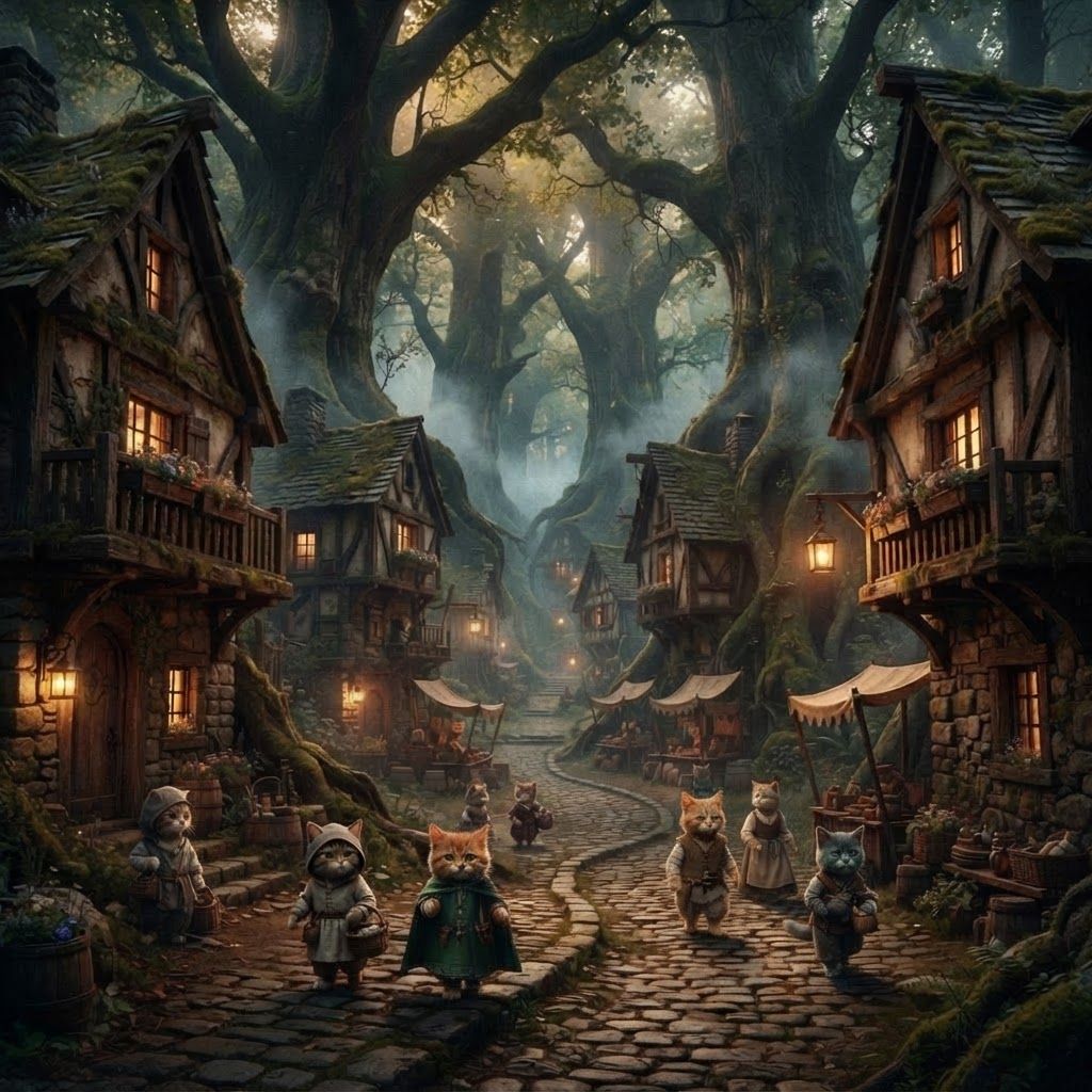 AI Design for 🌲 1. Elderwood Village
Photorealistic cinematic dark-fantasy film still of Elderwood Village, a peaceful medieval woodland settlement hidden among enormous ancient trees. Rustic timber-and-stone houses line a winding cobblestone street, with wooden balconies, flower boxes, hanging lanterns, little market stalls and moss growing naturally over old walls. Tall trees surround the village, their branches forming a canopy overhead. Warm golden lights glow from windows and doorways as evening mist settles between the buildings. A few distant cat villagers can be naturally present, but they are small background figures rather than the focus. Realistic wood, stone, foliage, atmospheric fog, natural imperfections, subtle film grain, realistic lighting, nostalgic fantasy atmosphere, like a still from a live-action dark-fantasy movie. No cartoon, no illustration, no anime, no 3D animation. Cats walking around with sinple mideval clothing