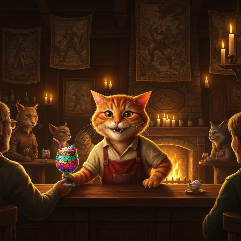 AI Design for Cat fantasy series with tavern bar cat serving you potion named thornberry fizz