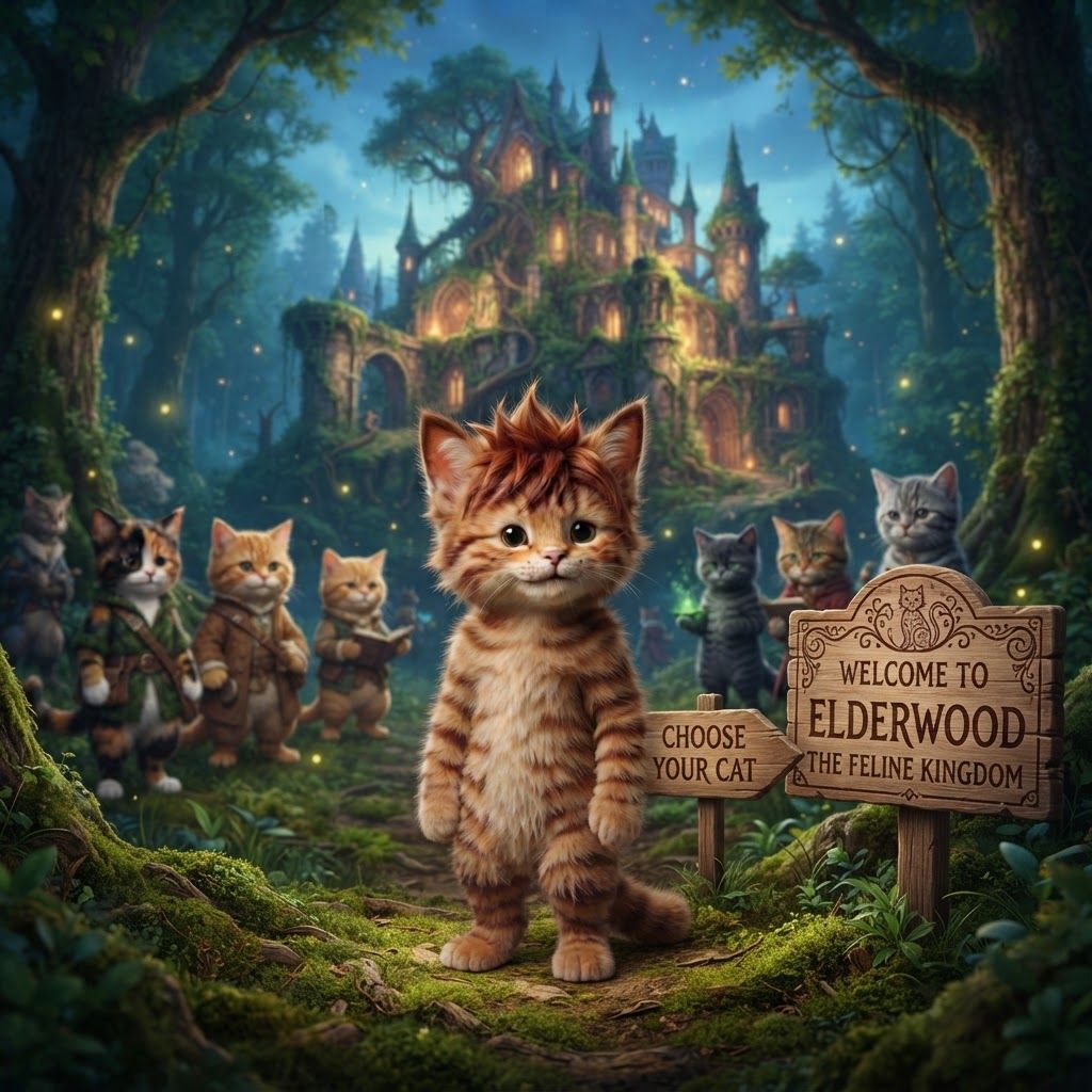 AI Design for like like welcome to cat like the feline Kingdom and then it's like design your own cat and it should be like this forest with castles and stuff like that and it's a sign that says welcome to elderwood the feline Kingdom or the feline Forest okay and it's like design your own cat we don't overdo the design make it kind of like a simple design you don't over complicated and don't make any of the cats actually hold it just just make them be like background fantasy characters with the main focus being on the tabby cat the one with the brown stripes now seeing with that do assign that just says choose your cat