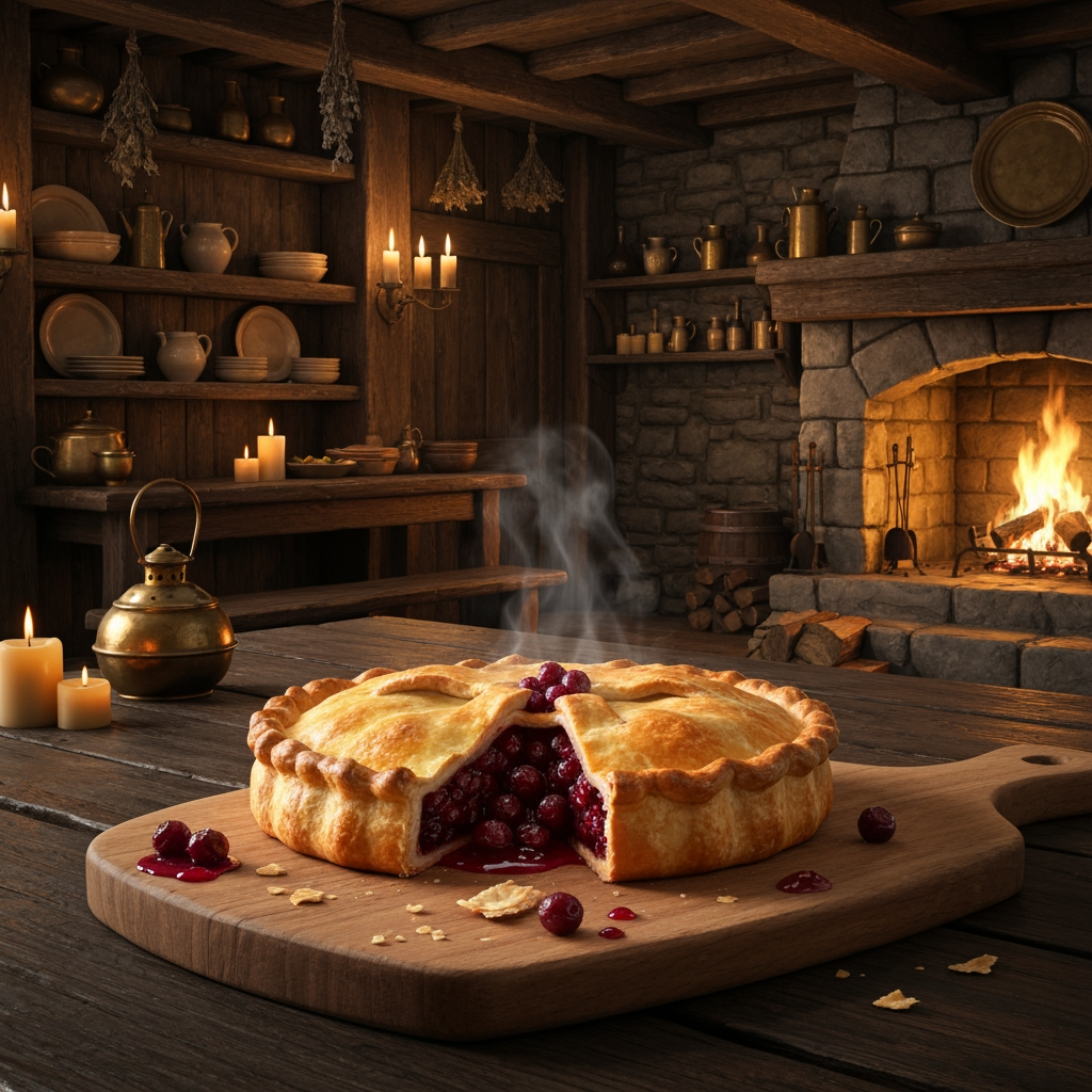 AI Design for 🥧 Example — Thornberry Pie
A rustic Thornberry Pie sits on a heavy wooden serving board. It has a beautifully baked golden-brown flaky crust with slightly uneven handmade edges. Several dark ruby-red Thornberries are visible through a small opening in the crust, with glossy berry filling bubbling gently underneath. A little steam rises from the freshly baked pie. A few crumbs and tiny drops of berry filling sit naturally on the wooden board.
The pie should look extremely appetizing and freshly baked, with realistic pastry layers, glossy fruit filling and warm golden highlights from the fireplace.🍽️ Master Elderwood Tavern Style
Put this at the very beginning of every prompt:
Photorealistic cinematic dark-fantasy food photography inside a cozy medieval woodland tavern in Elderwood. This is a real, physically believable tavern, not an illustration. The interior has aged dark wooden tables, rough stone walls, exposed wooden beams, shelves filled with ceramic dishes and bottles, hanging dried herbs, candles, brass lanterns, and a large stone fireplace. Warm amber firelight and candlelight illuminate the room, creating soft realistic shadows and highlights, while the corners of the tavern remain naturally darker and atmospheric. The scene feels warm, rustic, lived-in and slightly mysterious, like a still frame from a high-budget live-action dark-fantasy film. Realistic materials, realistic food textures, natural imperfections, subtle cinematic film grain, shallow depth of field.
Then add:
The food is the clear centerpiece of the image. It must look genuinely delicious, freshly prepared, warm, edible and appetizing, with realistic textures, steam, moisture, crumbs, sauces and natural imperfections. It should look like real medieval cuisine with fantastical ingredients—not cartoon food, not toy-like food, not plastic, not an illustration. How to catch chef that just finished making your meal and he's looking at you to see if you like it