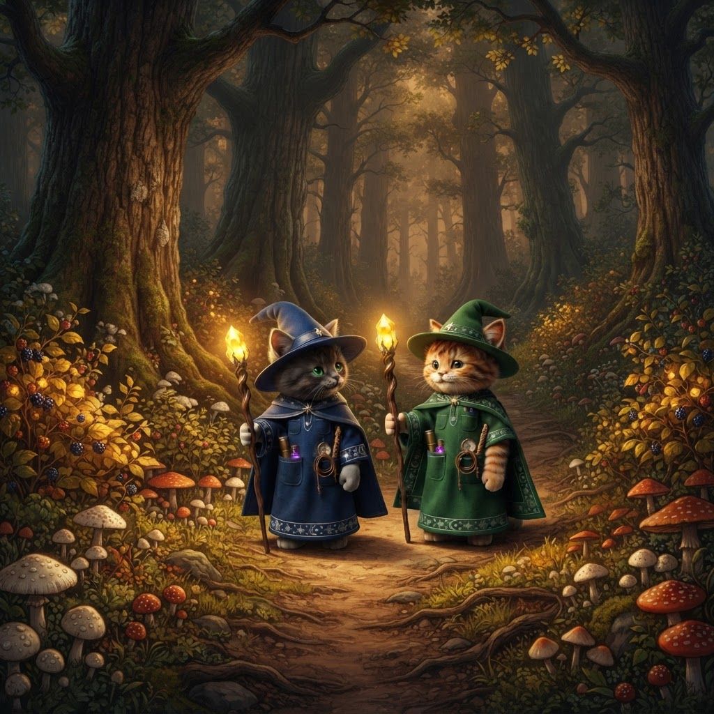 AI Design for I want these two cats exactly the same as how they look now walking in a quiet Forest filled with large trees high above them and then white and red mushrooms all across the ground bushes with glowing yellow berries wild berries and bushes and trees all feeling up to be a beautiful wonderful Forest whilst they're walking across a dirt path like two great friends talking with each other reminiscing over the times when life was much simpler and don't change the cats looks make them look exactly as they are and don't make the bushes berries colorful just make them glowing yellow and like a sunset so it's kind of dark in the forest but they're sticks are illuminating everything and don't forget the tabby kittens details obviously having tipped ears like what I mean by tip is they have like a brown ear tips Brown stripes brown hair orange for the color of the beautiful club design and don't actually make them feel like they're like the center of the image kinda make it like a curved path and that they're walking on it like the curved pass