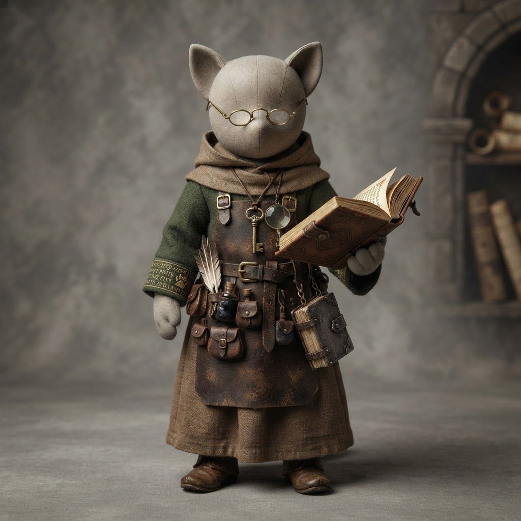 AI Design for I'm running a cat fantasy series and I was thinking of doing outfit variants on a mannequin ao design like a an librarian with a outfit and make it all pretty medieval