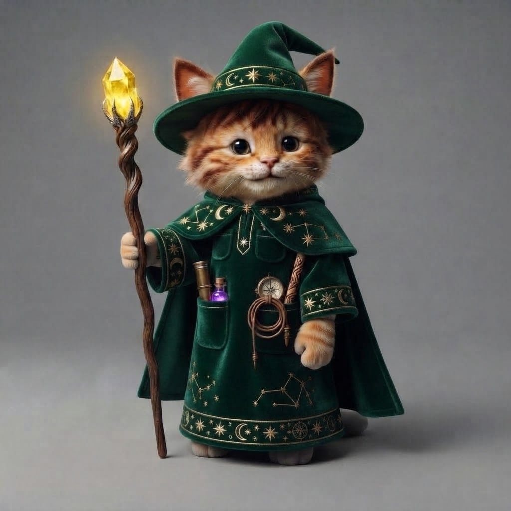 AI Design for Take this cat all of its main features details hair for stripes tips on its cat ears the colors the style everything and put on this blue wizard robe except I wanted to be short sleeved including the Cape at all the things in his pockets just make it really fantasy but make it like green essentially the whole outfit would be green with the little like pocket accessories and obviously don't make the pocket accessories green just the whole robe and hat would be green with obviously some like parts