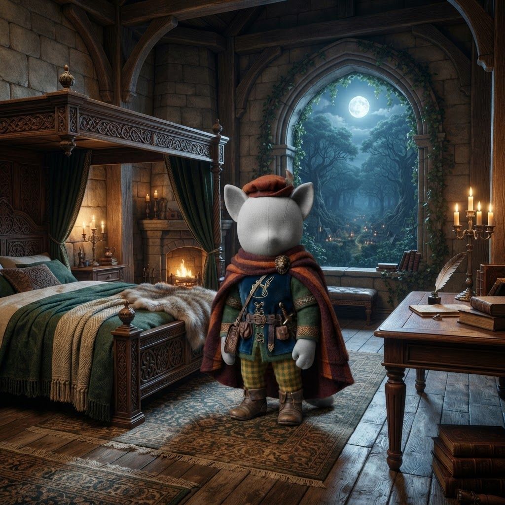 AI Design for An elegant medieval fantasy guest bedroom inside the ancient castle overlooking Elderwood. Tall stone walls, beautiful carved wooden furniture, a large four-poster bed with deep green and cream blankets, ornate wooden details, a small fireplace, candles, embroidered curtains, a polished wooden desk, and a large arched window overlooking the enormous forest and distant Elderwood Village. Subtle ivy grows around the stone window frame. The room feels luxurious but still warm and believable, combining royal architecture with natural woodland craftsmanship. Moonlight enters through the window while candles provide soft golden illumination. Majestic, peaceful, mysterious and nostalgic, cinematic realistic dark-fantasy storybook aesthetic, rich natural textures, atmospheric depth