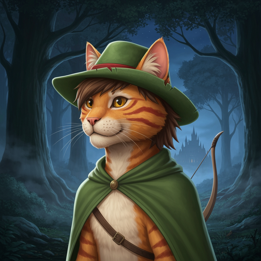 AI Design for Sure — here's the complete description based exactly on what you just described, without adding a new outfit or changing his established design.

🌲 Jasper Embermane — Dark Fantasy Version

Jasper is an orange tabby cat with a natural, slightly realistic feline appearance. His fur should have believable texture and anatomy while still preserving his recognizable Embermane character design.

🐈 Face & Fur

Warm orange tabby fur covering his body.

Slightly darker reddish-brown stripes.

Two reddish-brown stripes on each cheek, one of his most recognizable markings.

His head has his characteristic brown hair/mane, giving him a slightly distinctive, rugged appearance.

His ears are orange, with roughly the upper third of each ear covered in a reddish-brown color.

His facial features should look like a real cat's, but remain expressive enough to recognize Jasper immediately.


🎩 Hat

Jasper wears his familiar green archer's hat.

Natural, slightly worn material.

A simple red band/outline around the hat where the brim meets the main body.

The hat should feel like something made for traveling through a forest rather than polished royal clothing.

Keep the design recognizable and understated.


🧥 Cloak

Jasper wears his familiar green cloak.

It should have a natural, practical appearance, with believable cloth texture and subtle signs of use.

🏹 Equipment

Jasper carries his bow, reinforcing that he's an archer rather than a heavily armored fantasy warrior.

His equipment should remain simple and practical.


---

🌙 Environment

Jasper is standing in a large, atmospheric forest at night.

The forest should feel enormous and ancient, with:

Tall trees surrounding him

Dense woodland vegetation

Deep shadows between the trees

Subtle moonlight filtering through branches

Atmospheric haze or mist

Natural earthy textures


Through an opening in the forest, a large castle can be seen in the distance.

The castle shouldn't dominate the image—it should feel like something Jasper has discovered beyond the trees, giving the scene a sense of exploration and mystery.


---

🎬 Overall Visual Style

The whole scene should have that dark-fantasy AI image aesthetic you were describing:

realistic but fantastical, nighttime, cinematic, atmospheric, slightly dark, natural colors, detailed fur, subtle film-like filtering, deep shadows, and dramatic moonlight.

It shouldn't look like a bright cartoon or overly polished 3D animation.

At the same time, Jasper shouldn't become an ordinary photorealistic cat—the orange fur, reddish-brown markings, brown mane, green hat, red hat band, green cloak, and bow need to make him unmistakably Jasper.