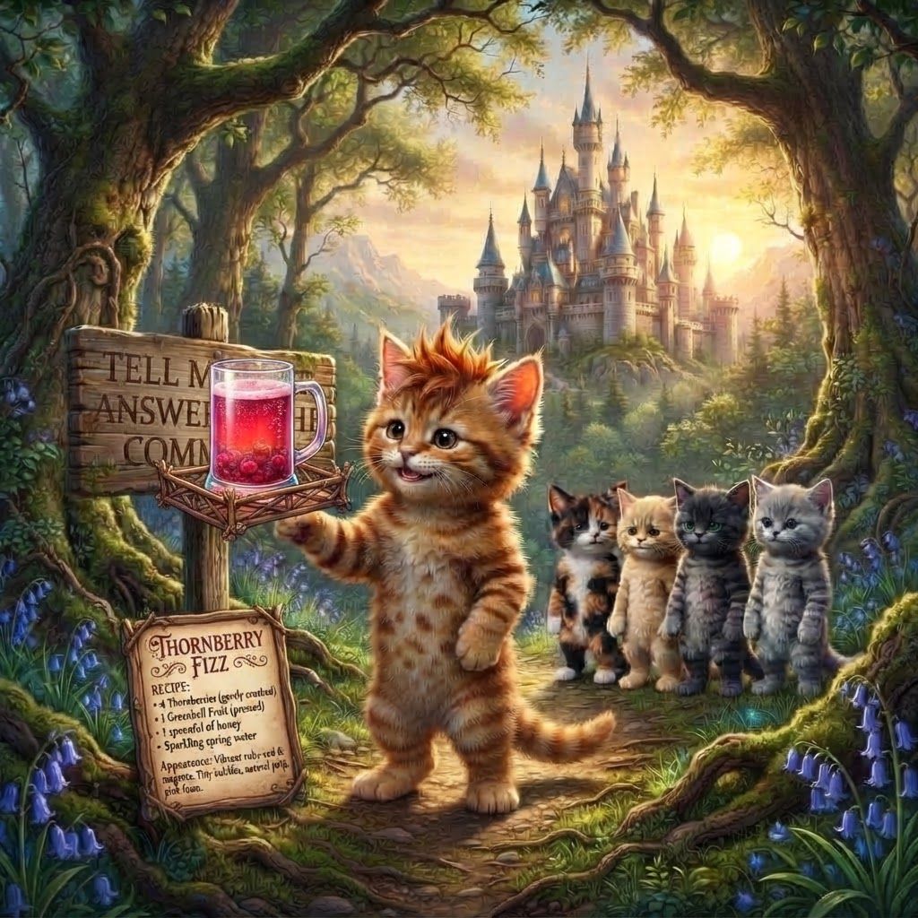 AI Design for Fantasy cat bar with car tavern serve potion 🍓 Thornberry Fizz
Recipe
4 Thornberries
1 Greenbell Fruit
1 spoonful of honey
Sparkling spring water
Preparation: Crush the Thornberries gently rather than completely pulverizing them. Press the Greenbell Fruit into the mixture, add honey, then slowly pour in sparkling spring water.
Appearance: A vibrant ruby-red and magenta drink, filled with countless tiny bubbles. Small pieces of berry pulp float naturally near the bottom, while a thin pink foam forms at the surface.