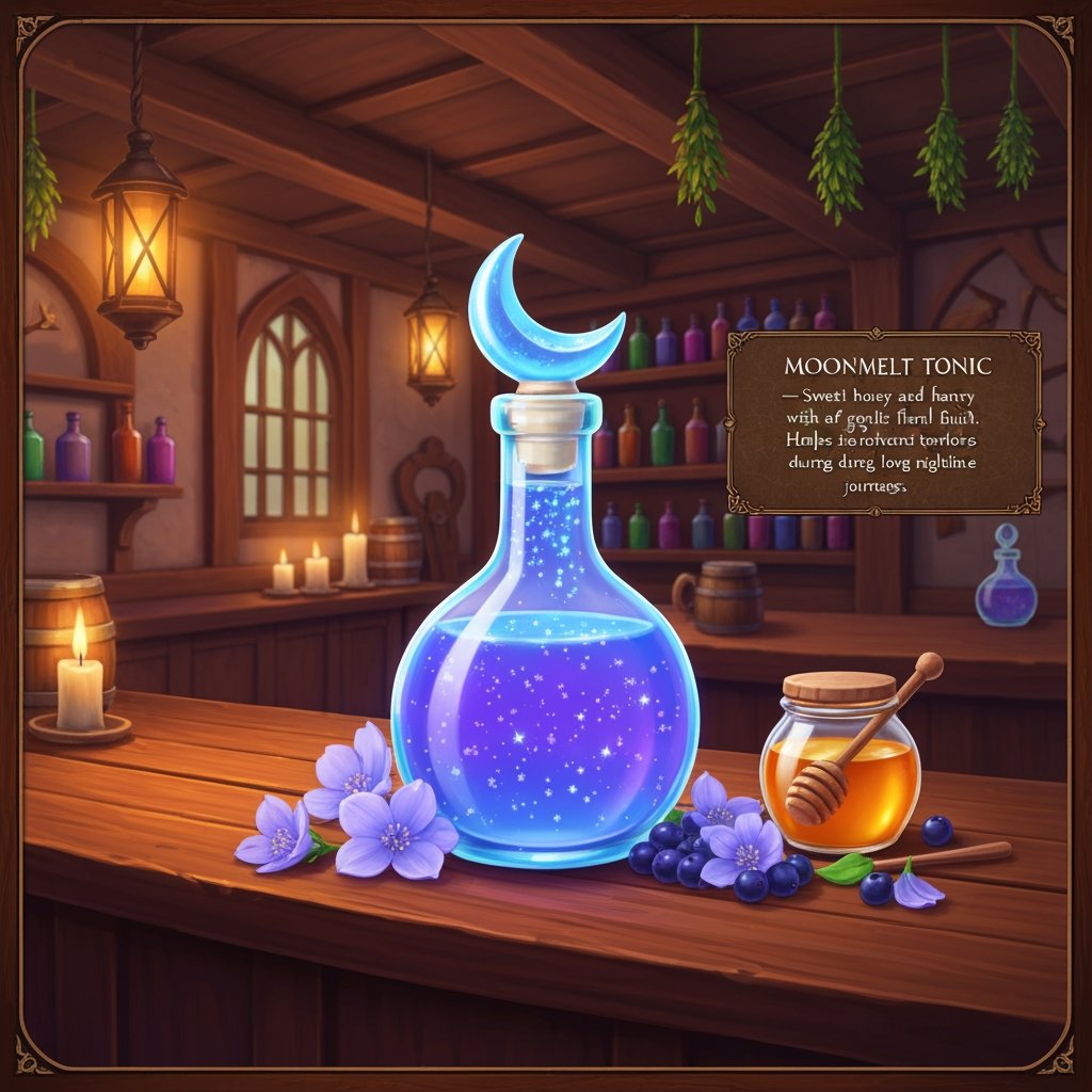 AI Design for 🍹 1. Moonmelt Tonic
Prompt:
A beautifully presented fantasy potion called Moonmelt Tonic displayed prominently on a wooden tavern counter inside the cozy Bushwhack Tavern in Elderwood. The drink is a vivid luminous blue-purple color with tiny silver sparkling particles floating through it, served in a charming glass bottle with a crescent-moon-shaped stopper. Around the bottle are Moonmelt Blossoms, Silverdew Berries and a small jar of golden honey. Warm tavern lanterns, wooden beams, shelves of colorful bottles, hanging herbs and soft candlelight in the background. The drink is perfectly centered and completely visible, colorful and visually striking. Include an elegant fantasy information placard beside it reading: MOONMELT TONIC — Sweet honey and berry flavor with a gentle floral finish. Helps travelers stay awake during long nighttime journeys. Cinematic realistic woodland fantasy, vibrant colors, handcrafted medieval aesthetic, beautiful atmospheric lighting. Make look realistic REALYSTIC IMAGE hyper realistic