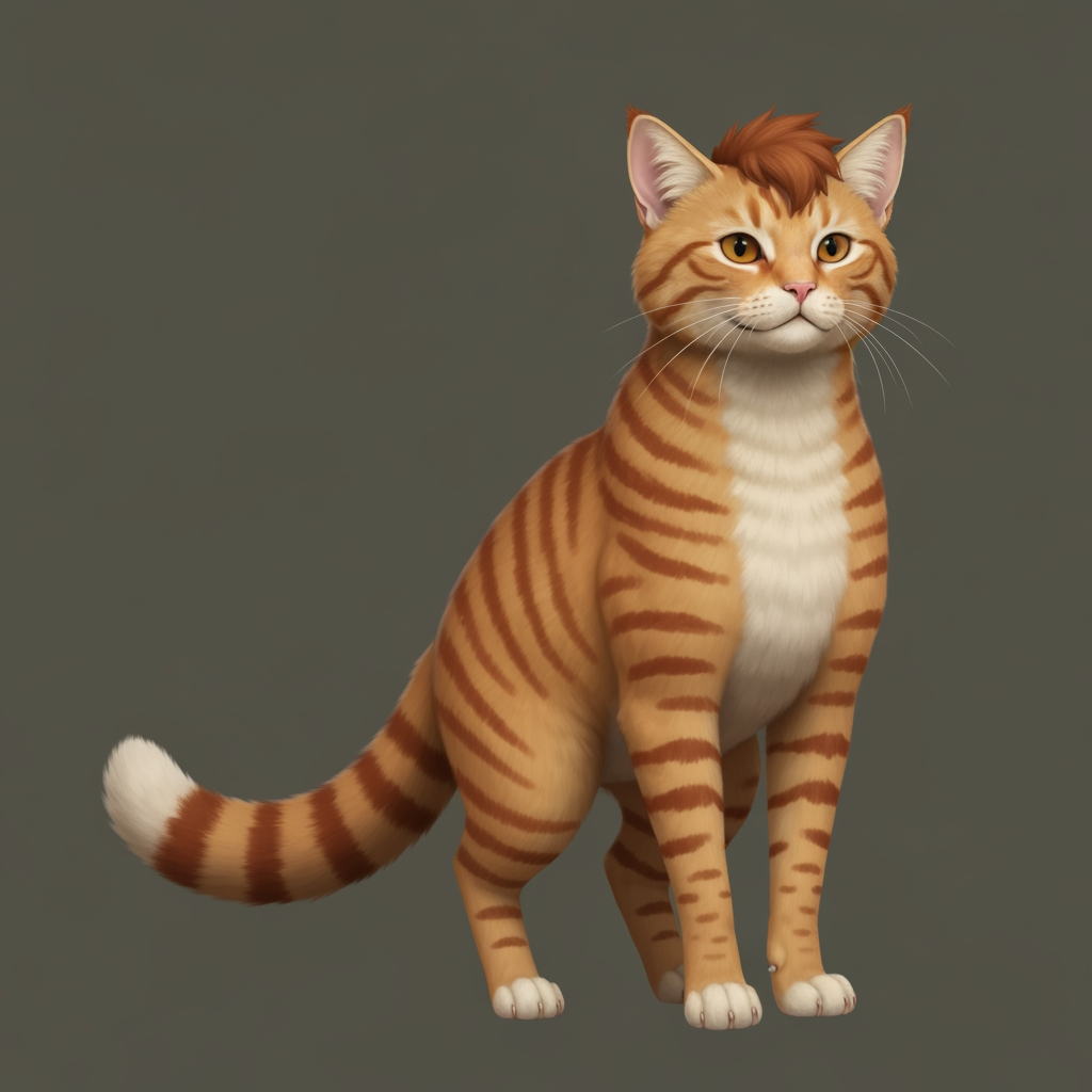 AI Design for 🐈 PROMPT 1 — EMBERMANE TABBY
Create a character-design reference template showing a simple, unclothed orange tabby cat standing upright in a neutral pose, facing slightly toward the viewer. The character should have natural realistic feline anatomy, four paws, a fluffy tail, pointed ears, a rounded cat face, and realistic detailed orange fur. Give the cat distinctive reddish-brown tabby stripes, including the recognizable two stripes on each cheek, darker striped legs and tail, a warm cream-colored muzzle, chest and rounded belly, and slightly darker reddish-brown fluffy head fur resembling Jasper Embermane's signature hair. No clothing, weapons, accessories, or props. The character should look like a clean, iconic base template for a medieval woodland fantasy character creator. Cinematic realistic storybook fantasy photography, natural forest lighting, detailed fur, earthy colors, believable