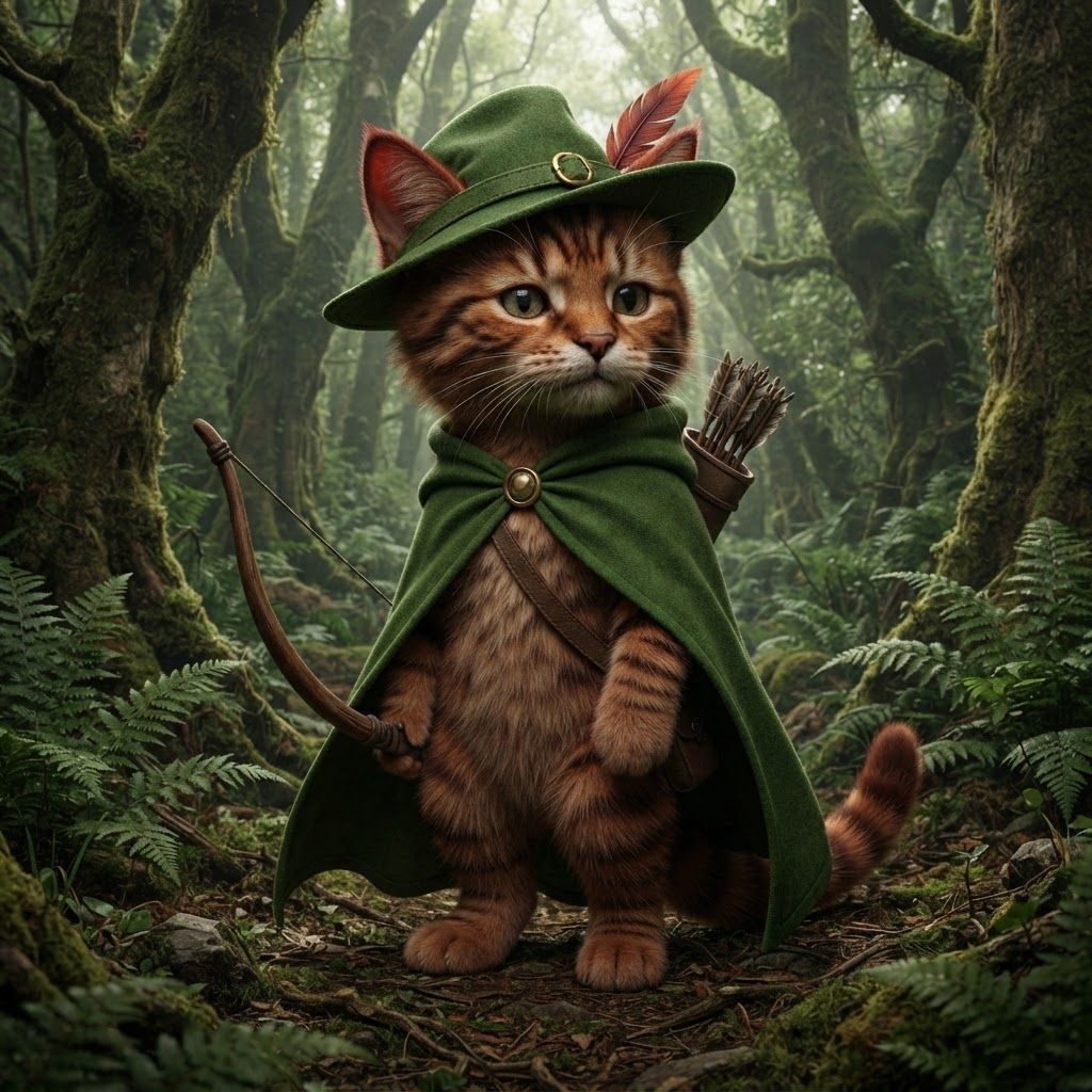 AI Design for The cat that I show you here on the image is how the image I want to look essentially a cat in a forest with all of these features with colored ear tips to stripes All across its body to the cloak to the Hat into all the features being present it make it into a more realistic cat it's still gave its hair that's reddish brown it's it's ears it's ear tips it's stripes on its cheeks on its whole body and really make it iconic in that fantasy feel
