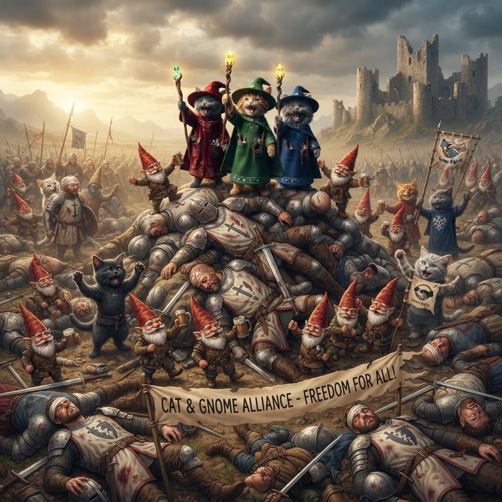AI Design for Make the merge victorious on top of a pile of sleeping nights but they're not sleeping they're just knocked out like the they were hurt really bad and The Wizard cats are standing crowd and the gnomes are too which help tthem human rights which were very tall and the gnomes are also celebrating and everyone's happyand the Knights are human the cat Warriors have defeated the humans and the gnomes are celebrating with the cats who won against the humanites