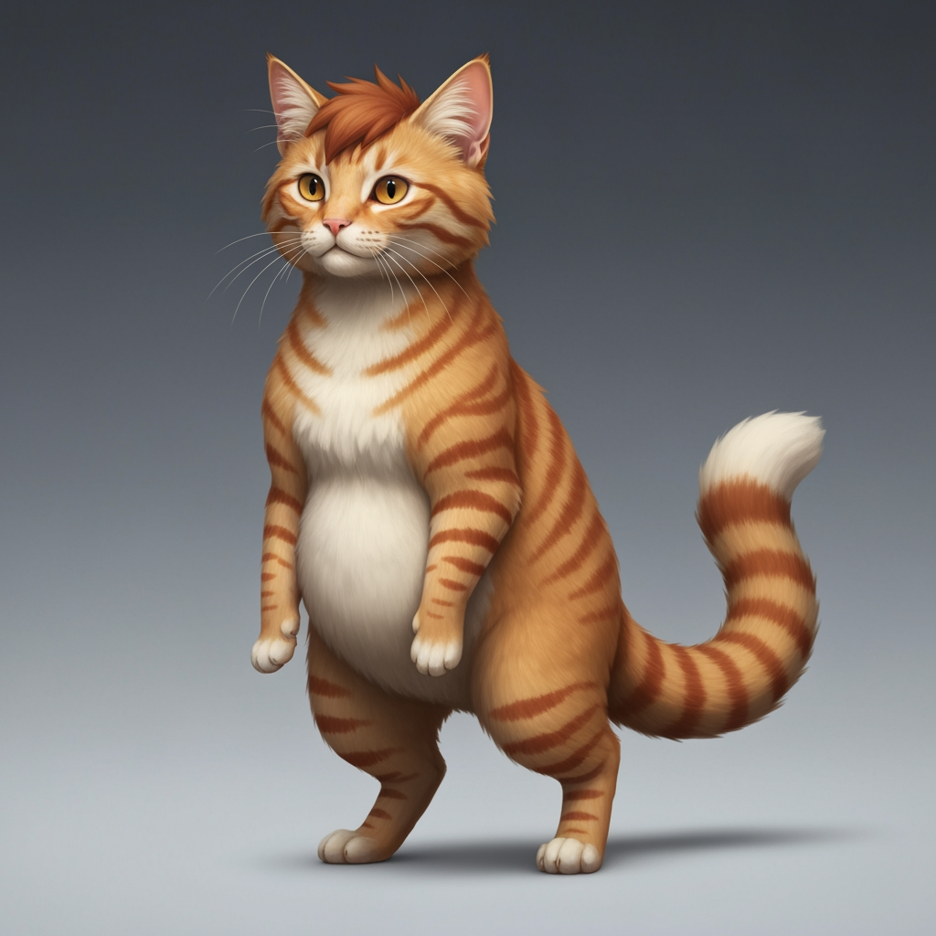 AI Design for 🐈 PROMPT 1 — EMBERMANE TABBY
Create a character-design reference template showing a simple, unclothed orange tabby cat standing upright in a neutral pose, facing slightly toward the viewer. The character should have natural realistic feline anatomy, four paws, a fluffy tail, pointed ears, a rounded cat face, and realistic detailed orange fur. Give the cat distinctive reddish-brown tabby stripes, including the recognizable two stripes on each cheek, darker striped legs and tail, a warm cream-colored muzzle, chest and rounded belly, and slightly darker reddish-brown fluffy head fur resembling Jasper Embermane's signature hair. No clothing, weapons, accessories, or props. The character should look like a clean, iconic base template for a medieval woodland fantasy character creator. Cinematic realistic storybook fantasy photography, natural forest lighting, detailed fur, earthy colors, believable