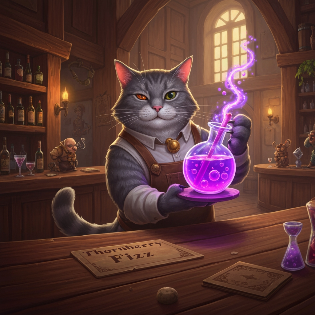 AI Design for Cat fantasy series with tavern bar cat serving you potion named thornberry fizz