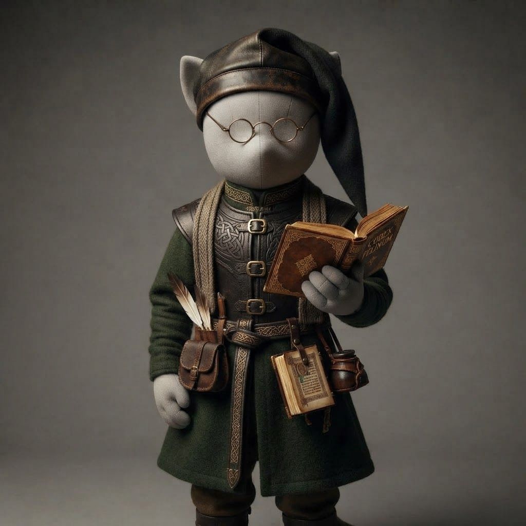 AI Design for I'm running a cat fantasy series and I was thinking of doing outfit variants on a mannequin ao design like a an librarian with a outfit and make it all pretty medieval