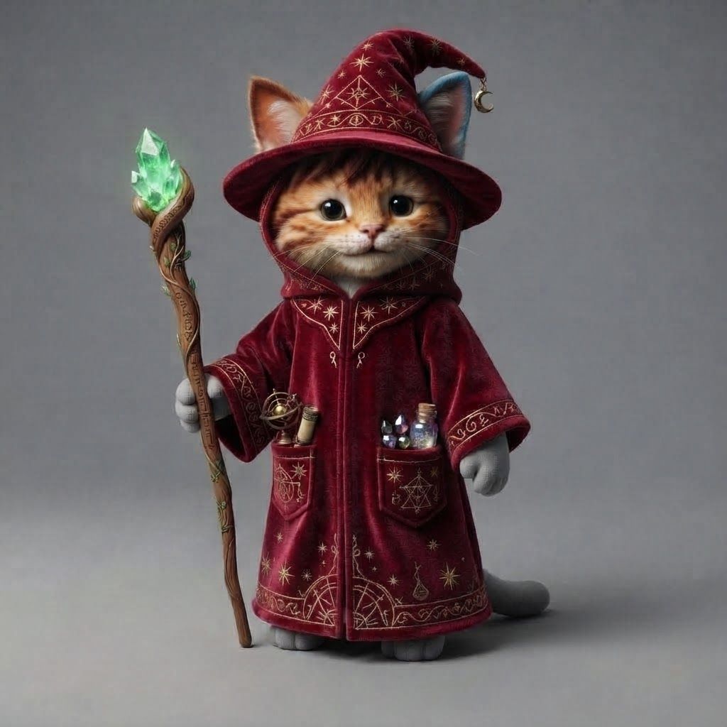 AI Design for Take the red wizard robe and place it on the tabby cat thank you very much and put all details from the cat like the colored ear tips and all so essentially take the clothes from the mannequin and put them on the cat make don't forget the paws and everything
