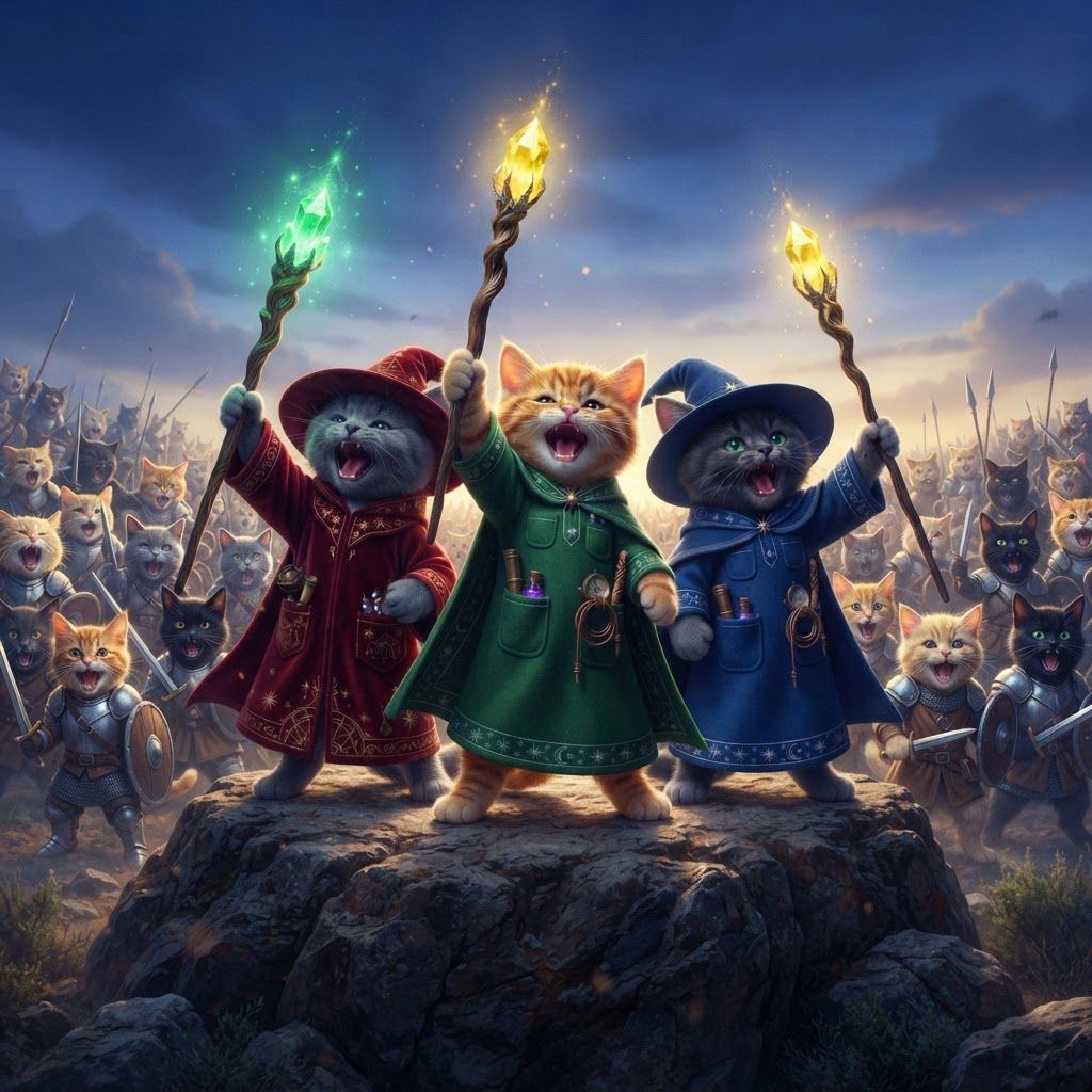 AI Design for On a pretty cool image with so nice lighting and stuff like cinematic lighting make these three cats scream and hold their stands up staff and kind of scream behind them is a cat army of different cat Warriors that are either like tabby kittens like the green wizard black cats like the blue were gray cats maybe blonde all also like Warriors screaming