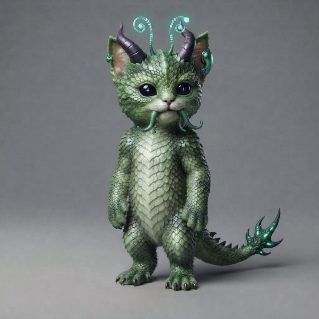 AI Design for All right use this design template as a base for alien cat that is like green it has like completely black eyes with white tint and like give him antennas tentacles and just funny features but don't over complicate the design