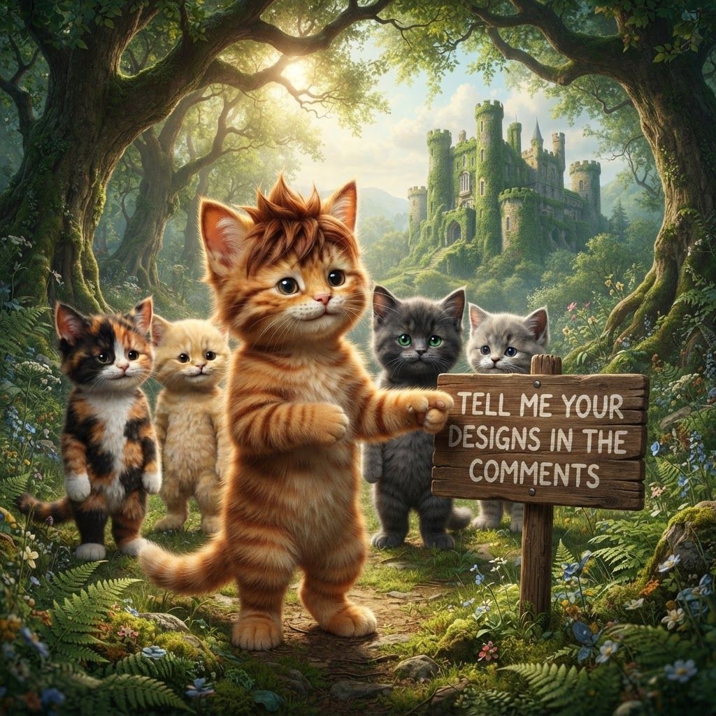 AI Design for So make these cats be in a fictional Forest with the castle and assigned it says tell me your designs in the comments with the orange tabby ginger CAD with the brown stripes be like in the focus and he's pointing to the sign of his finger