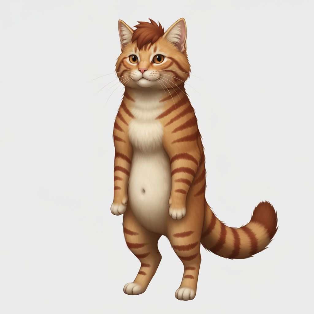 AI Design for 🐈 PROMPT 1 — EMBERMANE TABBY
Create a character-design reference template showing a simple, unclothed orange tabby cat standing upright in a neutral pose, facing slightly toward the viewer. The character should have natural realistic feline anatomy, four paws, a fluffy tail, pointed ears, a rounded cat face, and realistic detailed orange fur. Give the cat distinctive reddish-brown tabby stripes, including the recognizable two stripes on each cheek, darker striped legs and tail, a warm cream-colored muzzle, chest and rounded belly, and slightly darker reddish-brown fluffy head fur resembling Jasper Embermane's signature hair. No clothing, weapons, accessories, or props. The character should look like a clean, iconic base template for a medieval woodland fantasy character creator. Cinematic realistic storybook fantasy photography, natural forest lighting, detailed fur, earthy colors, believable