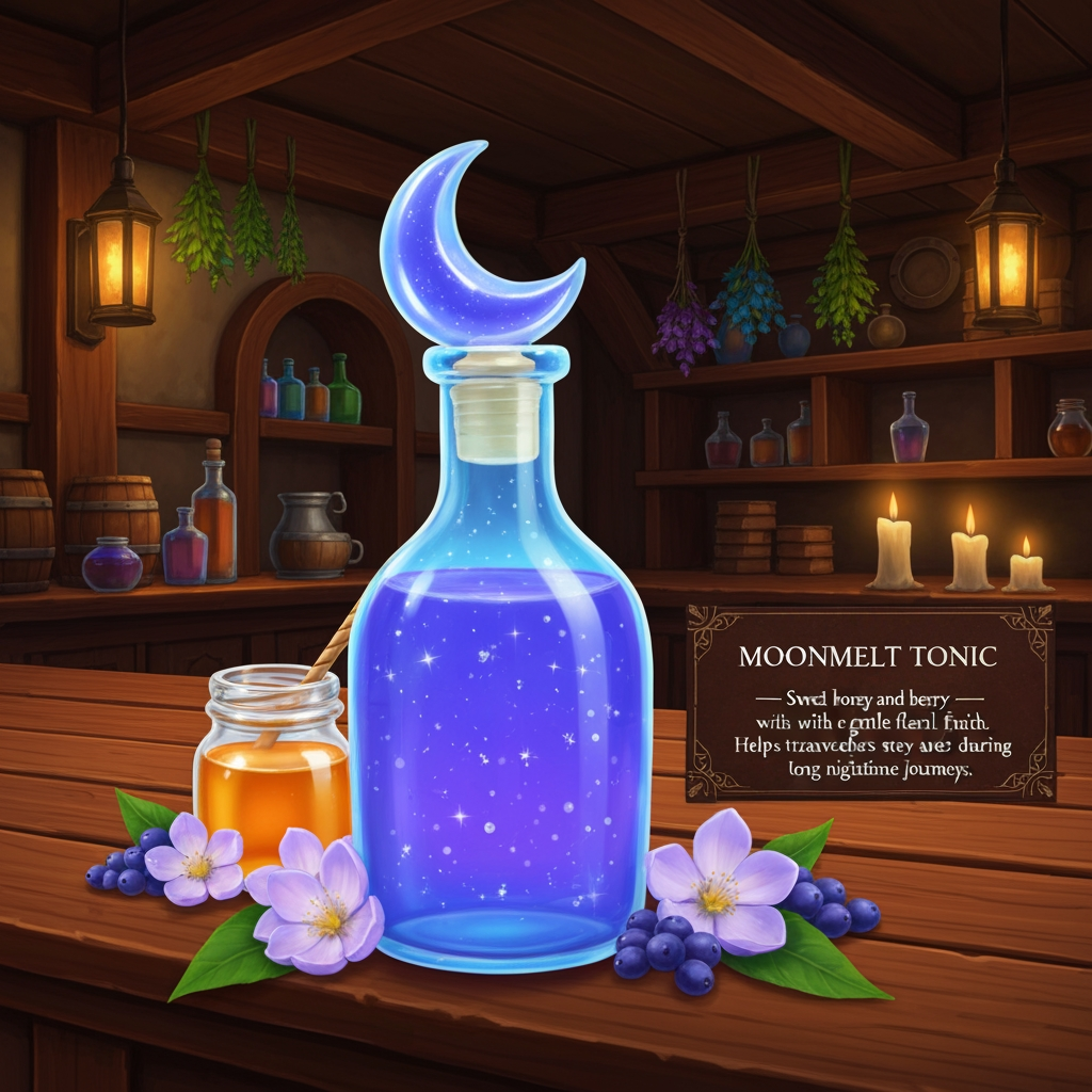 AI Design for 🍹 1. Moonmelt Tonic
Prompt:
A beautifully presented fantasy potion called Moonmelt Tonic displayed prominently on a wooden tavern counter inside the cozy Bushwhack Tavern in Elderwood. The drink is a vivid luminous blue-purple color with tiny silver sparkling particles floating through it, served in a charming glass bottle with a crescent-moon-shaped stopper. Around the bottle are Moonmelt Blossoms, Silverdew Berries and a small jar of golden honey. Warm tavern lanterns, wooden beams, shelves of colorful bottles, hanging herbs and soft candlelight in the background. The drink is perfectly centered and completely visible, colorful and visually striking. Include an elegant fantasy information placard beside it reading: MOONMELT TONIC — Sweet honey and berry flavor with a gentle floral finish. Helps travelers stay awake during long nighttime journeys. Cinematic realistic woodland fantasy, vibrant colors, handcrafted medieval aesthetic, beautiful atmospheric lighting.