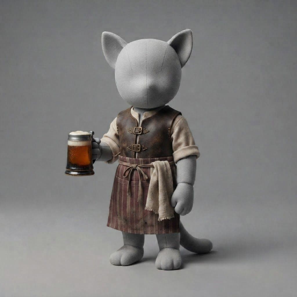 AI Design for I'm running a cat fantasy series and I was thinking of doing outfit variants on a mannequin ao design like a a Tavern worker with a outfit and make it all pretty medieval look like you just put on an outfit on the man I can do not change anything else make him hold a beer mug