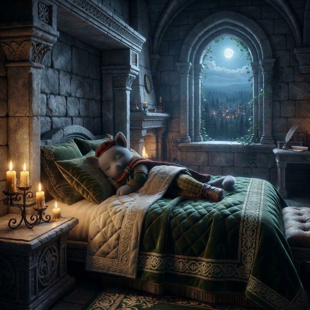 AI Design for An elegant medieval fantasy guest bedroom inside the ancient castle overlooking Elderwood. Tall stone walls, beautiful carved wooden furniture, a large four-poster bed with deep green and cream blankets, ornate wooden details, a small fireplace, candles, embroidered curtains, a polished wooden desk, and a large arched window overlooking the enormous forest and distant Elderwood Village. Subtle ivy grows around the stone window frame. The room feels luxurious but still warm and believable, combining royal architecture with natural woodland craftsmanship. Moonlight enters through the window while candles provide soft golden illumination. Majestic, peaceful, mysterious and nostalgic, cinematic realistic dark-fantasy storybook aesthetic, rich natural textures, atmospheric depth make the great cat wear this merchant outfit and make him tucked in bed sleeping and he's more of a bipedal structure whilst sleeping like a human culture fantasy magic o of course make it like more wooden structures instead of wooden structures you would have like stone because we need stone we don't need wood anymore like we want like a stone Castle bedroom that's Royal and stuff like this but with a cat