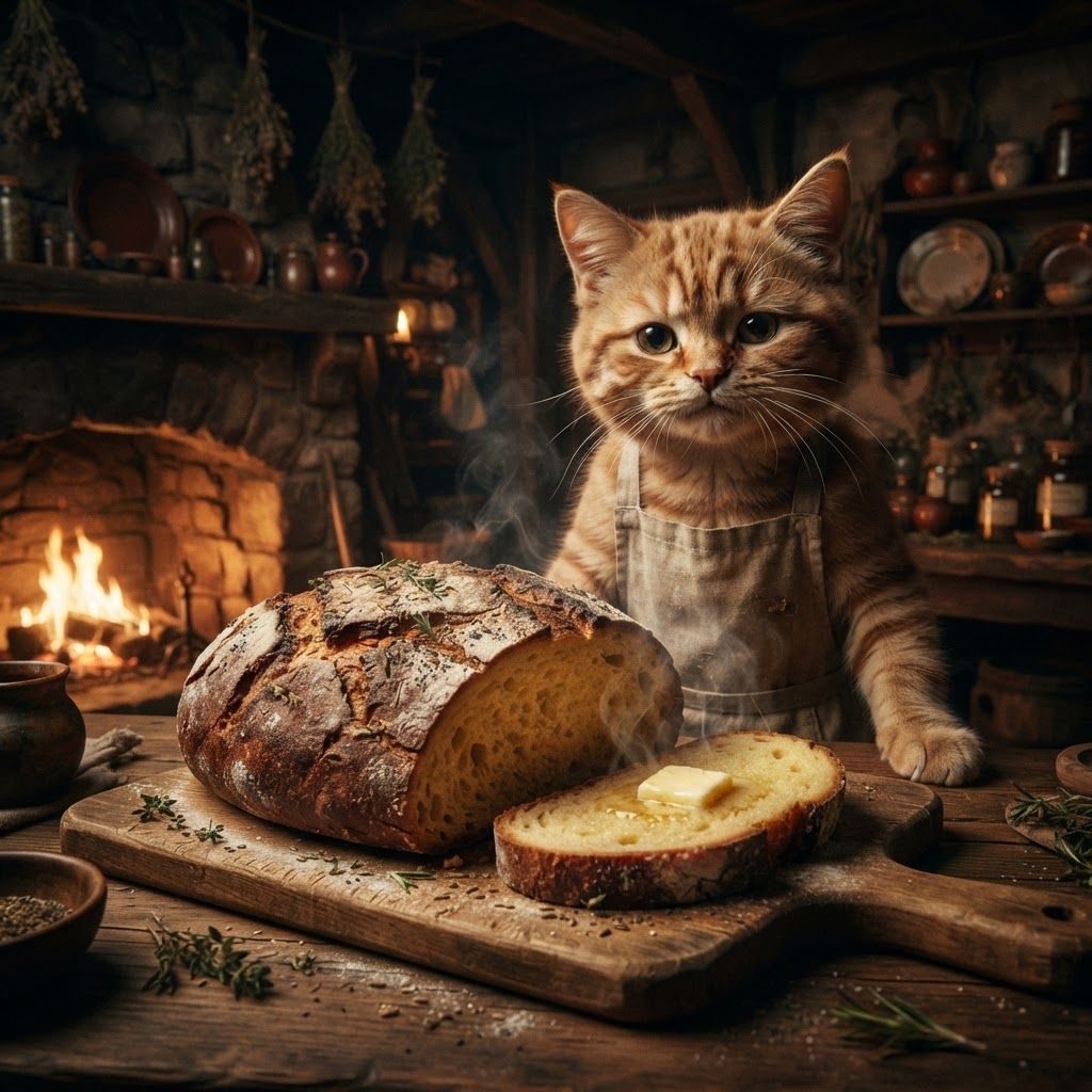 AI Design for 🍞 4. Elderloaf
Photorealistic cinematic dark-fantasy food photography inside the Bushwhack Tavern in Elderwood. Behind the wooden counter stands a realistic cat baker wearing a simple linen apron. The cat is leaning slightly forward and looking at the viewer with an eager, hurried expression, waiting impatiently to discover whether the customer likes the bread.
In front of the cat is a large freshly baked Elderloaf resting on a worn wooden cutting board. The loaf has a thick deeply browned crust, realistic cracks, flour dusting and small woodland herbs and seeds baked into the surface. One thick slice has been cut open, revealing a soft golden interior with subtle steam rising from it. A small piece of butter is melting naturally across the warm slice.
Warm fireplace light illuminates the bread and cat while the rest of the tavern remains darker and atmospheric. Wooden beams, stone walls, ceramic dishes, hanging herbs and shelves of ingredients surround the scene.
The bread should look unmistakably real, freshly baked, warm, rustic and extremely appetizing.
Photorealistic live-action dark-fantasy film still, realistic food textures, realistic cat fur, cinematic lighting, natural shadows, subtle film grain, shallow depth of field, no cartoon or illustrated appearance