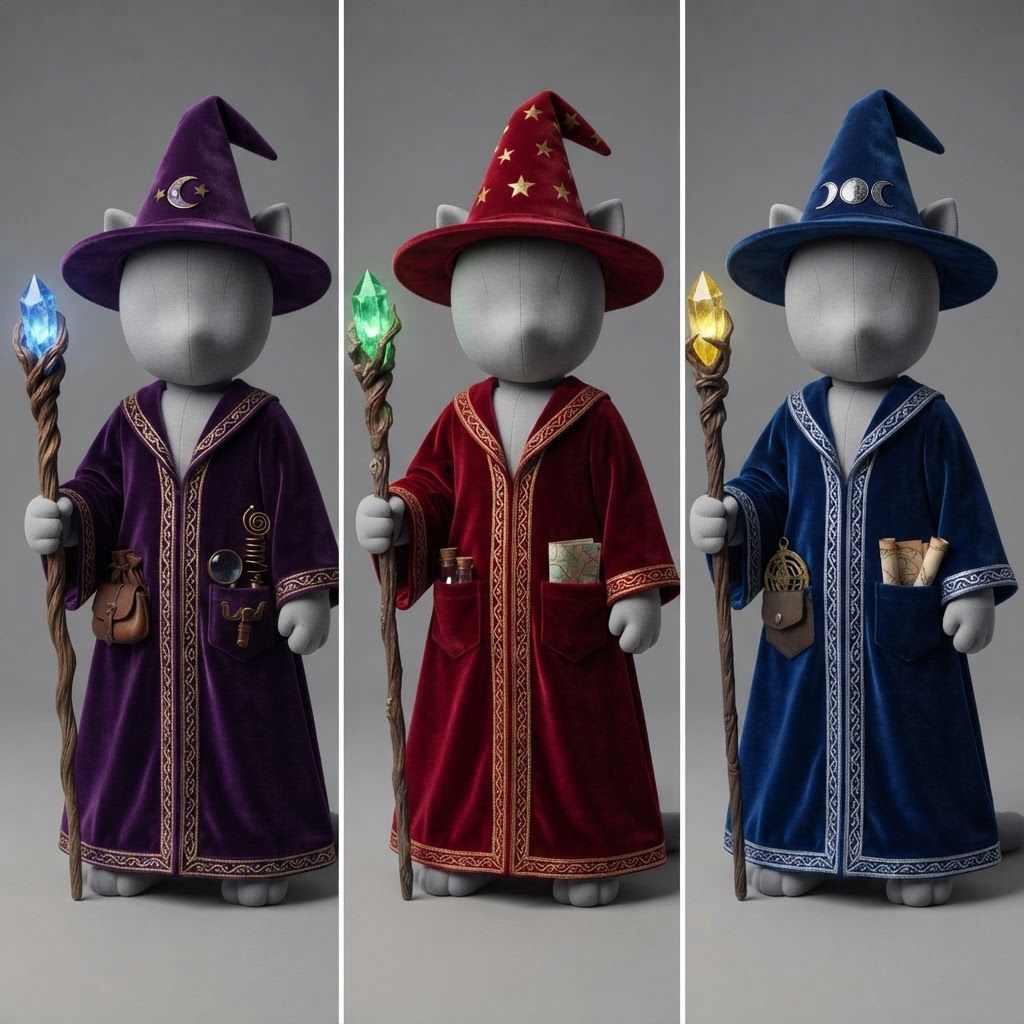 AI Design for I am writing a cat fantasy series and this is a mannequin for a cat clothes base so design and outfit for a a wizard robe in a medieval fantasy Style so essentially first they want you to do a very basic purple robe with the wizard hat and some tiny gizmos and stuff like that in your pockets and also hold like a staff of them blue crystal now do a red wizard robe and replace the blue crystal with a green clip crystal now do a blue outfit and use a yellow crystal on the staff