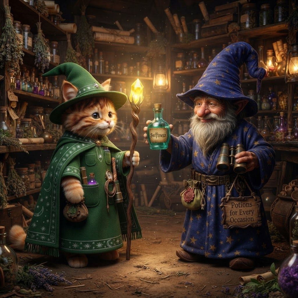 AI Design for Make these two fictional characters meet up the first one is a cat Wizard and the other one is a gnome wizard that sells potions the gnome is from a region named mosswick and the cat is from elderwood and make sure not to mess up the cats details it's ear tips it stripes and everything and it's hair and it's mean and it's whatever it's called
